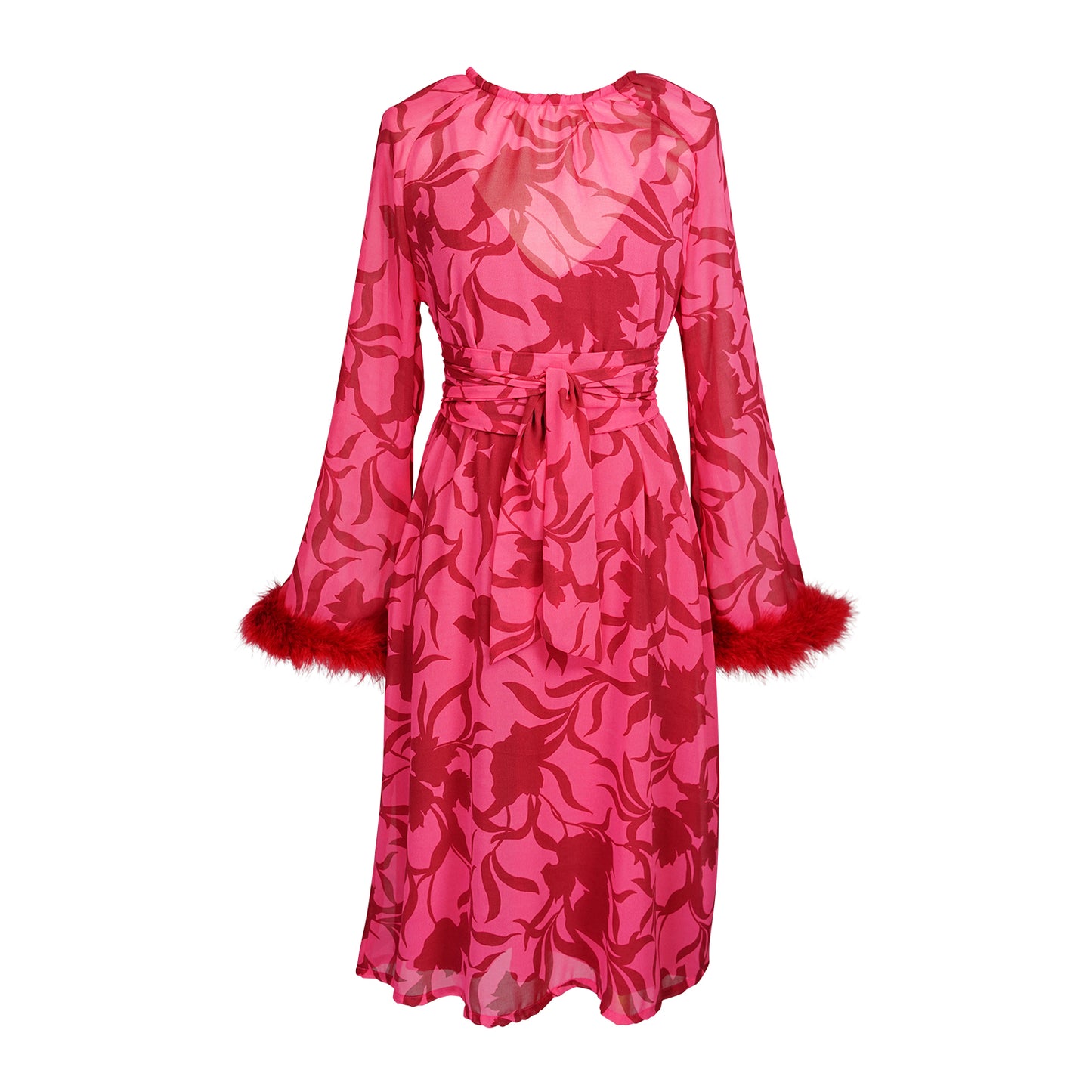 This sophisticated stunner has all the right details - generous bell sleeves with feather detail, flowing knee-length midi skirt, and a slim matching sash for a cinched waist.