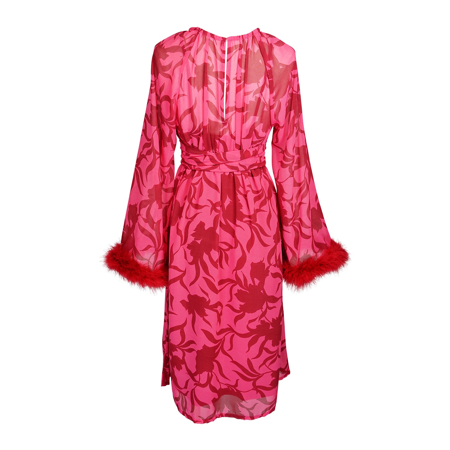 This sophisticated stunner has all the right details - generous bell sleeves with feather detail, flowing knee-length midi skirt, and a slim matching sash for a cinched waist.