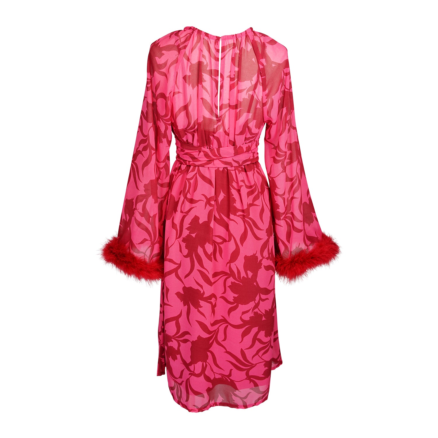 This sophisticated stunner has all the right details - generous bell sleeves with feather detail, flowing knee-length midi skirt, and a slim matching sash for a cinched waist.