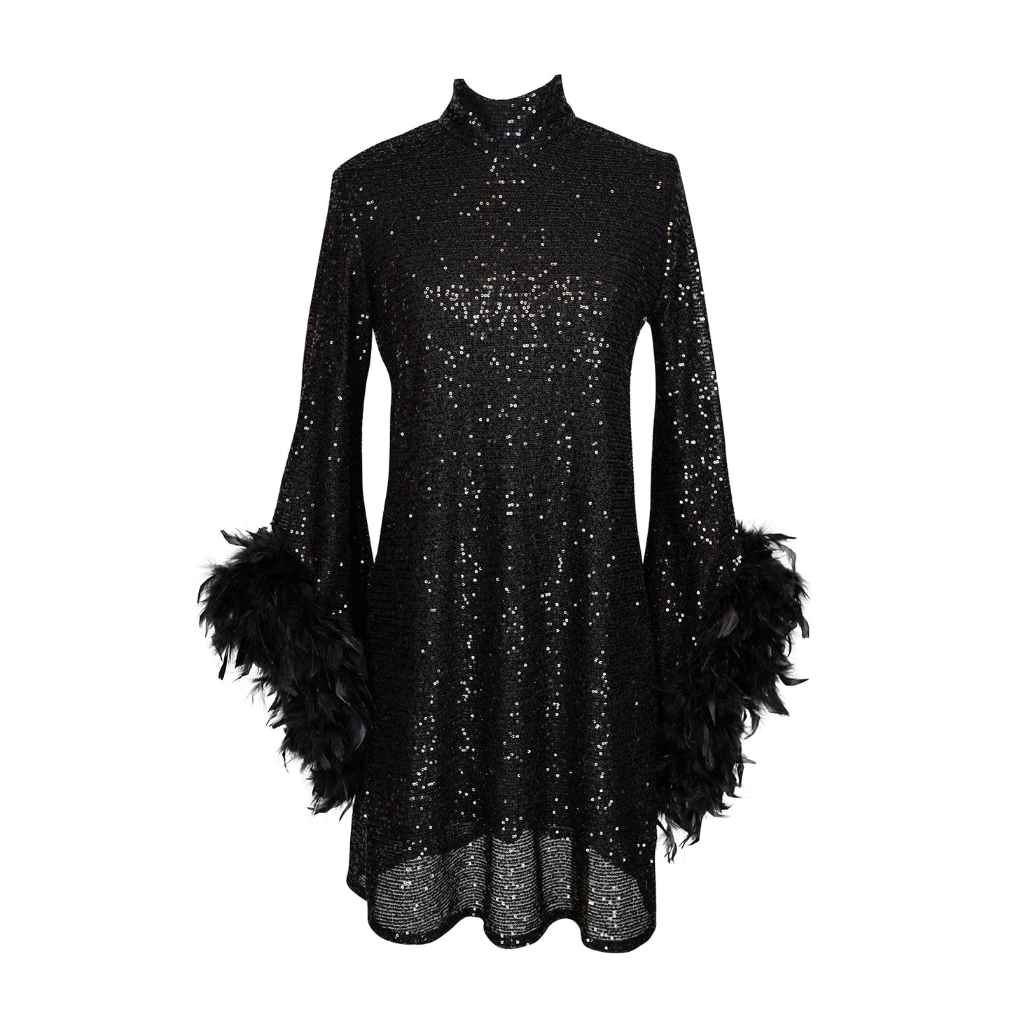 This shimmering black sequin mod mini dress has it all - glittering sequins, delicate mock neck, and long bell sleeves cuffed with black feathers