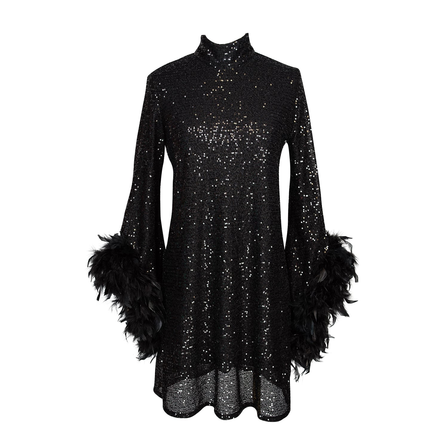 This shimmering black sequin mod mini dress has it all - glittering sequins, delicate mock neck, and long bell sleeves cuffed with black feathers