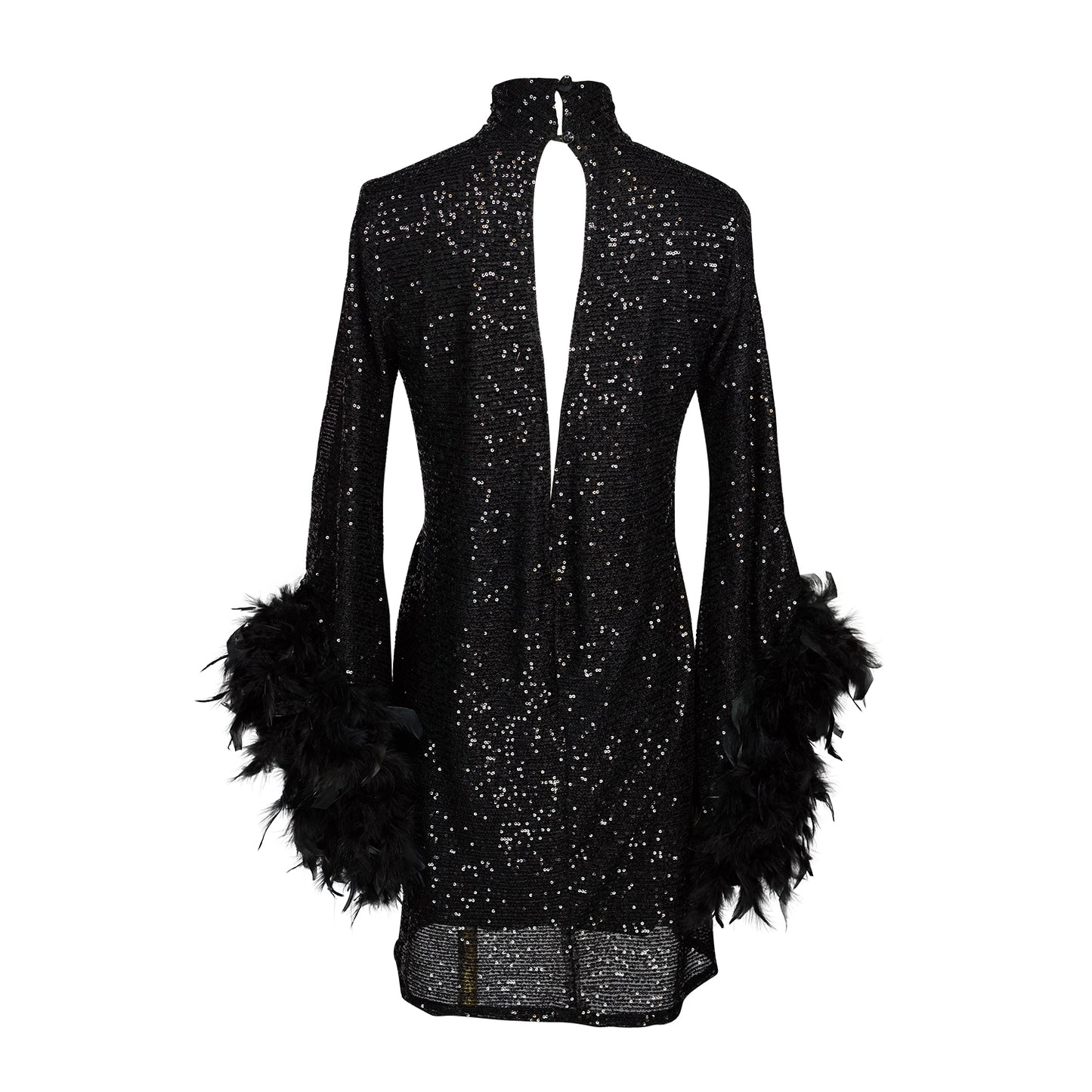 This shimmering black sequin mod mini dress has it all - glittering sequins, delicate mock neck, and long bell sleeves cuffed with black feathers