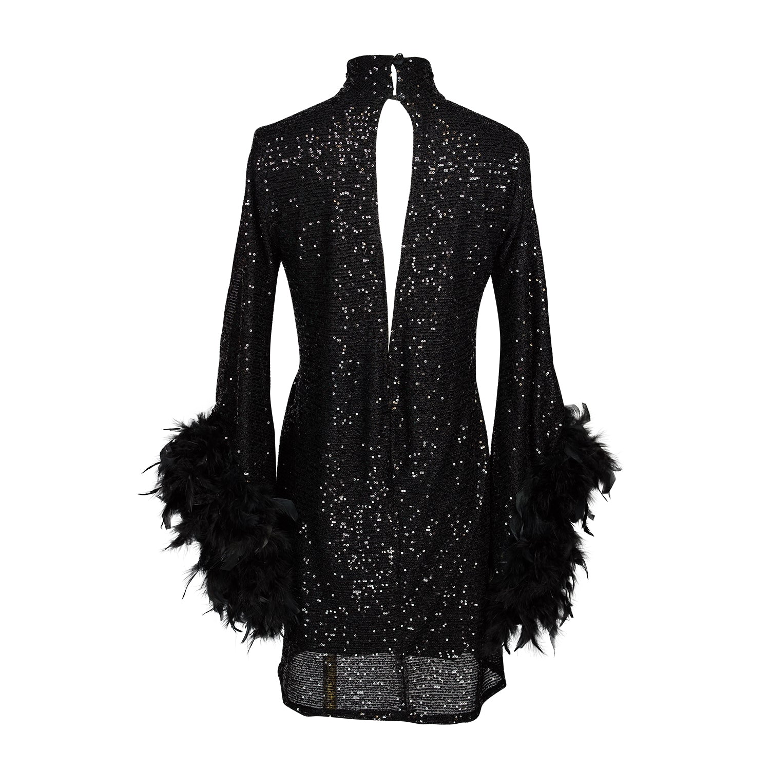 This shimmering black sequin mod mini dress has it all - glittering sequins, delicate mock neck, and long bell sleeves cuffed with black feathers