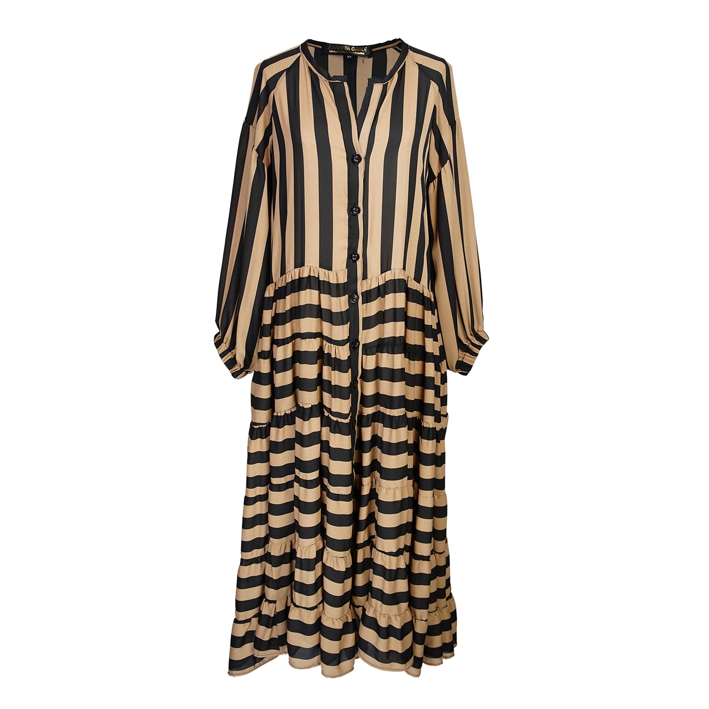 A coffee colored striped ruffled maxi dress. Featuring thick black and brown café stripes, long sleeves, ankle hem, full length button down in front, and optional belt to cinch the waist.