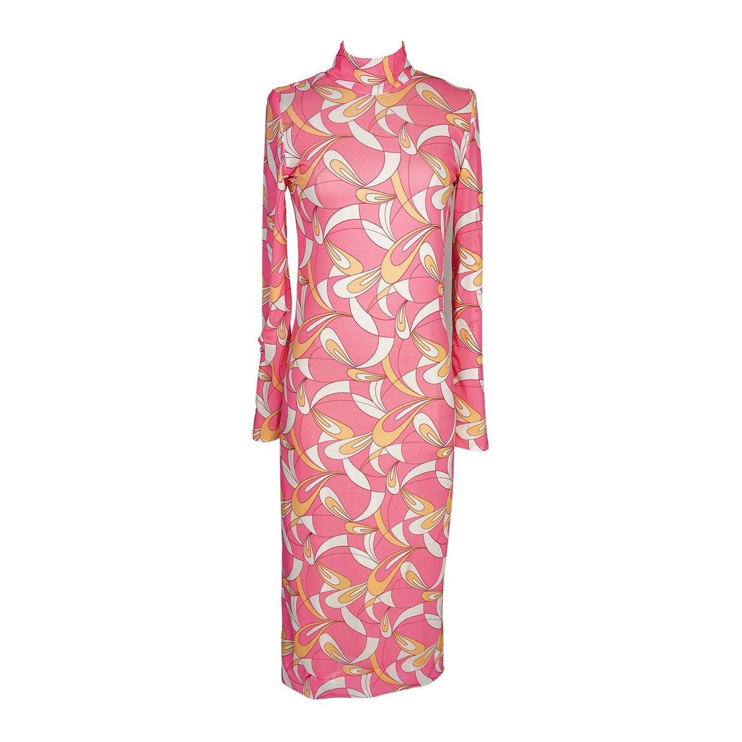 This pop-art bodycon design accentuates your curves, while the removable feather trim on the sleeves adds a touch of elegance.
