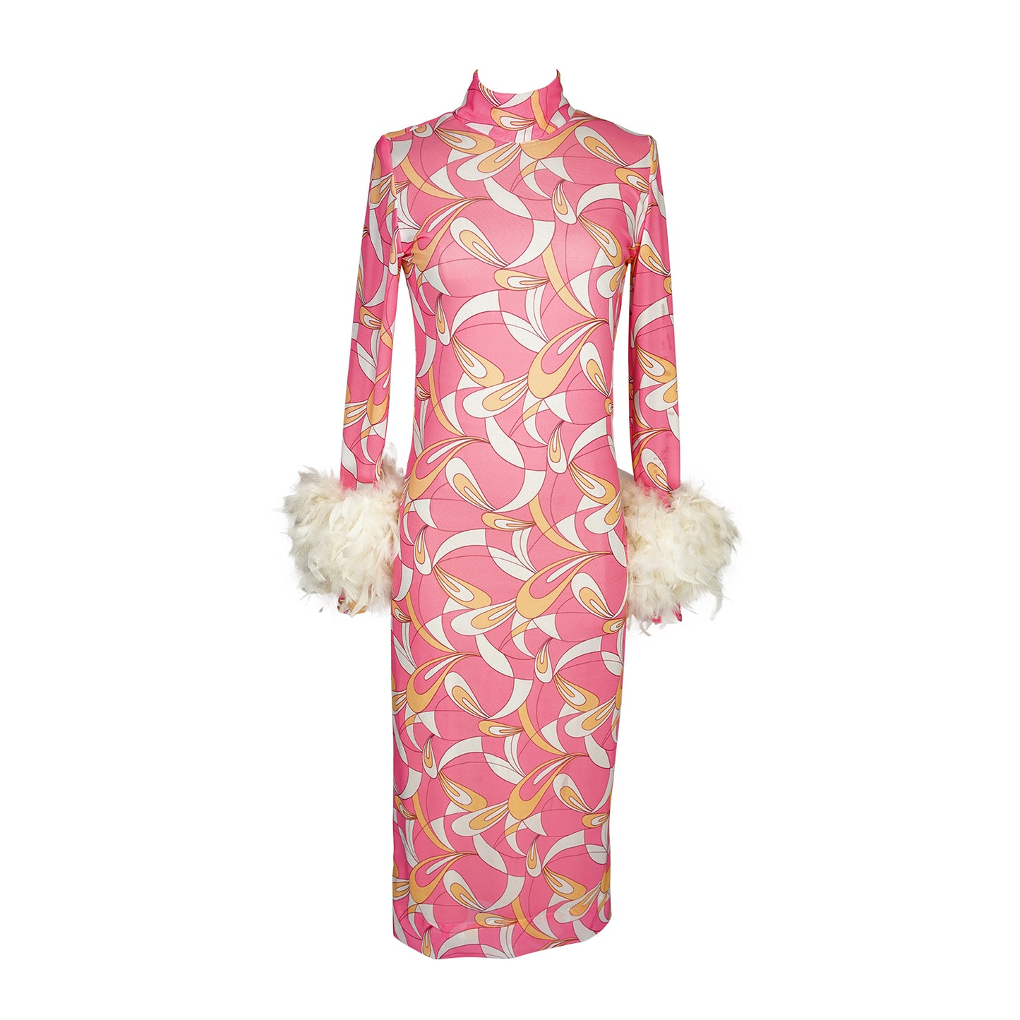 This pop-art bodycon design accentuates your curves, while the removable feather trim on the sleeves adds a touch of elegance.