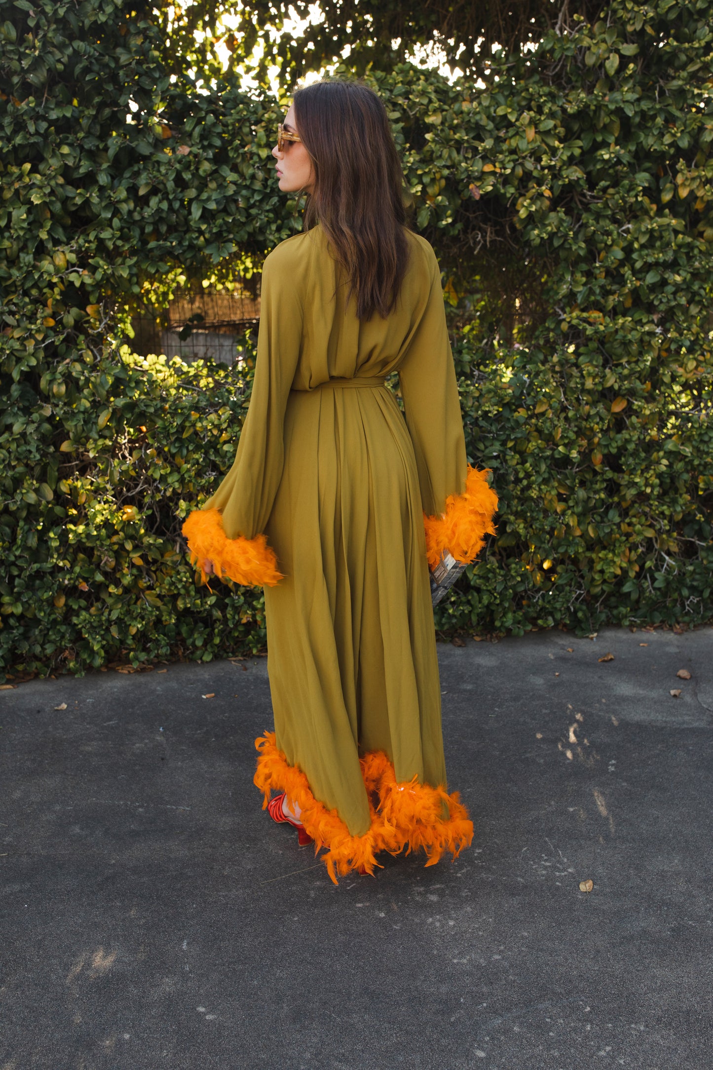 jennafer grace Darlene Roper Maxi Dress chartreuse yellow green mod dress with orange feathers at cuffs and hem high neck cinched waist tie retro 1960s 60s revival midcentury evening dress boho bohemian hippie romantic whimsical handmade in California USA