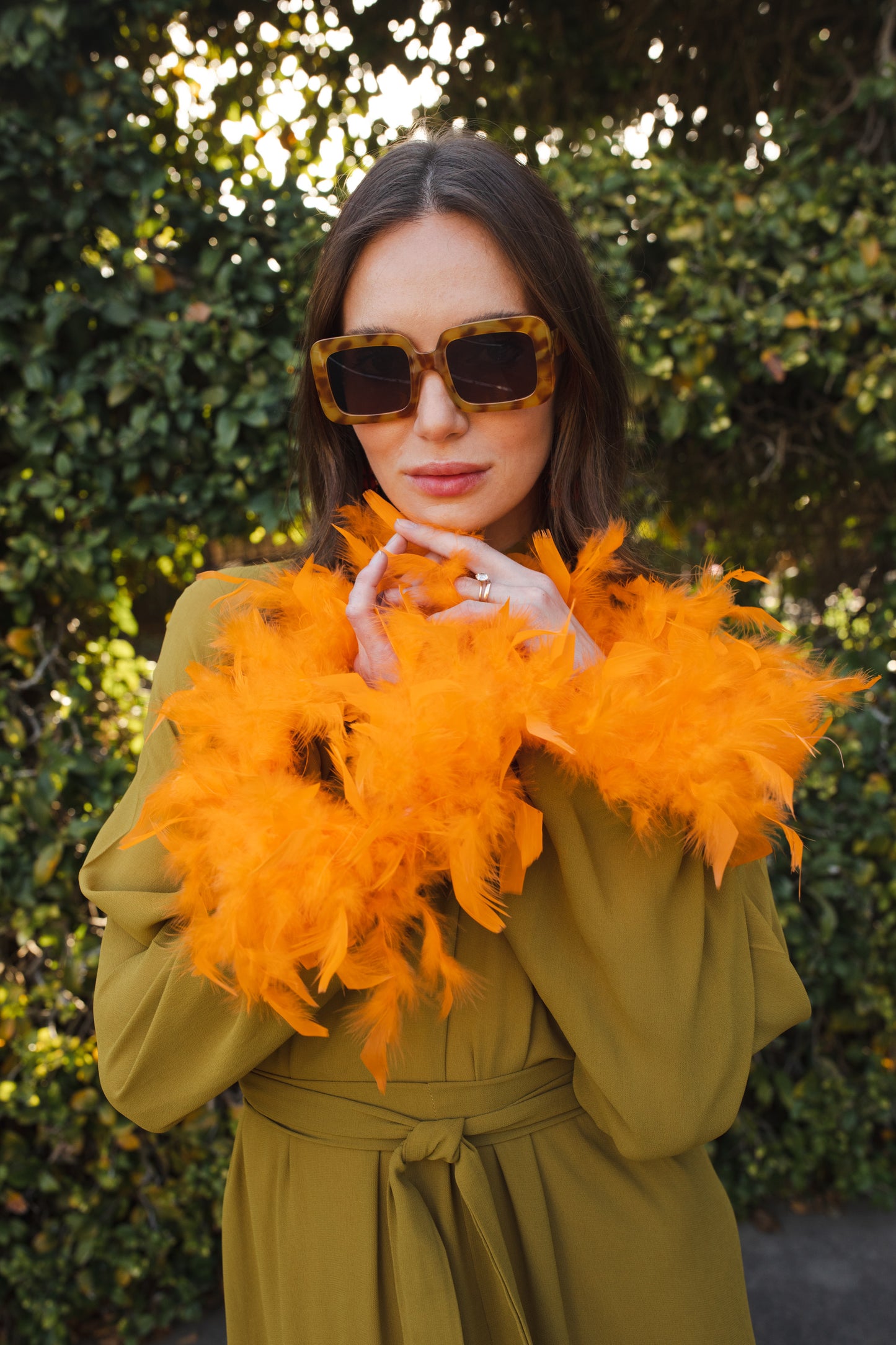 jennafer grace Darlene Roper Maxi Dress chartreuse yellow green mod dress with orange feathers at cuffs and hem high neck cinched waist tie retro 1960s 60s revival midcentury evening dress boho bohemian hippie romantic whimsical handmade in California USA