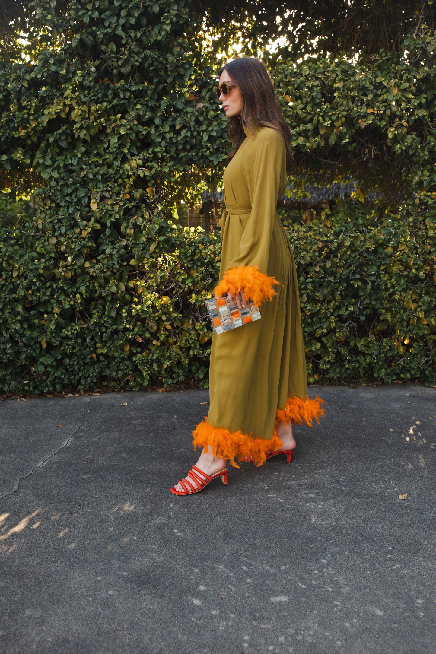 jennafer grace Darlene Roper Maxi Dress chartreuse yellow green mod dress with orange feathers at cuffs and hem high neck cinched waist tie retro 1960s 60s revival midcentury evening dress boho bohemian hippie romantic whimsical handmade in California USA