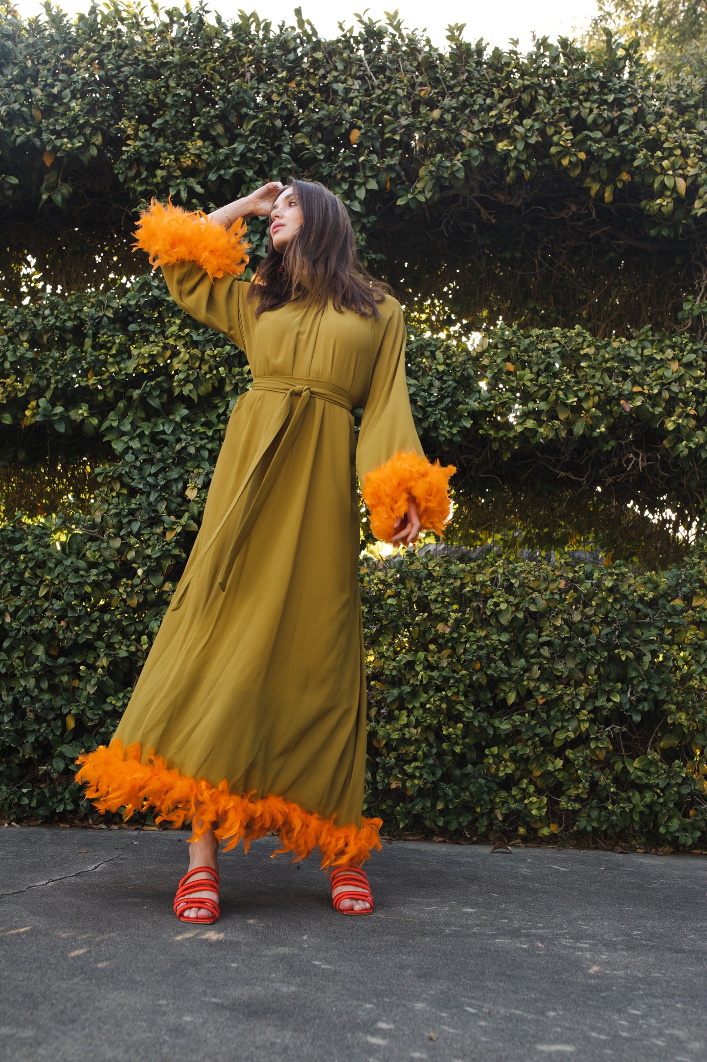 jennafer grace Darlene Roper Maxi Dress chartreuse yellow green mod dress with orange feathers at cuffs and hem high neck cinched waist tie retro 1960s 60s revival midcentury evening dress boho bohemian hippie romantic whimsical handmade in California USA