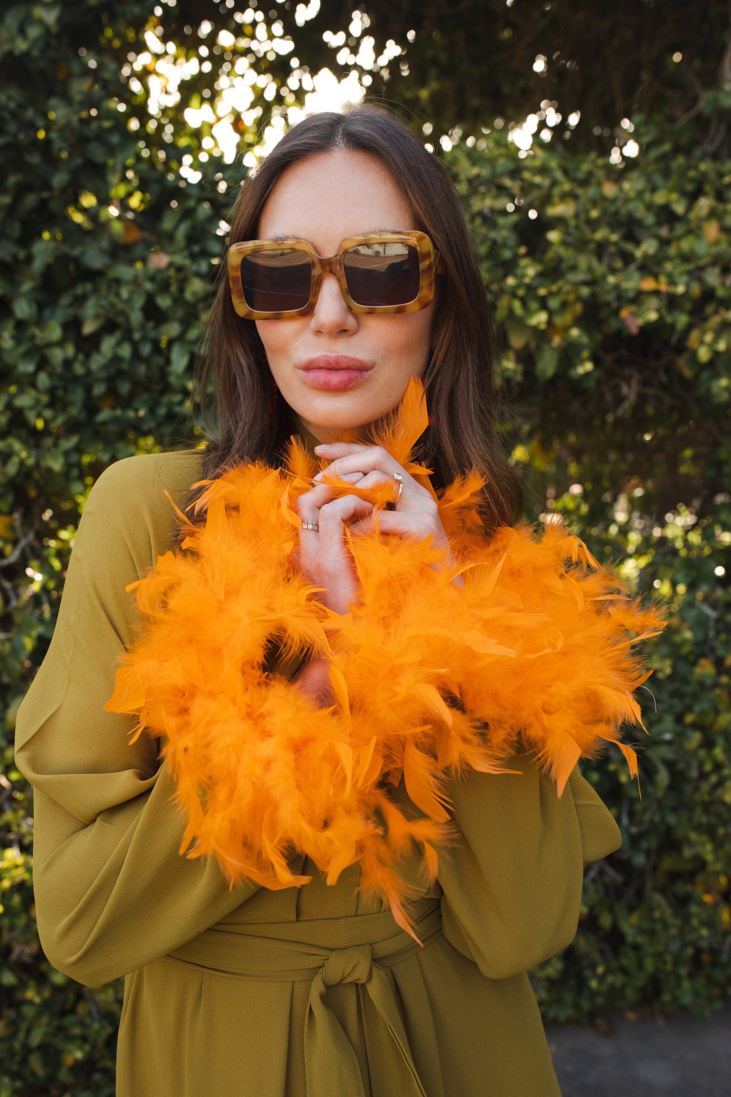 jennafer grace Darlene Roper Maxi Dress chartreuse yellow green mod dress with orange feathers at cuffs and hem high neck cinched waist tie retro 1960s 60s revival midcentury evening dress boho bohemian hippie romantic whimsical handmade in California USA