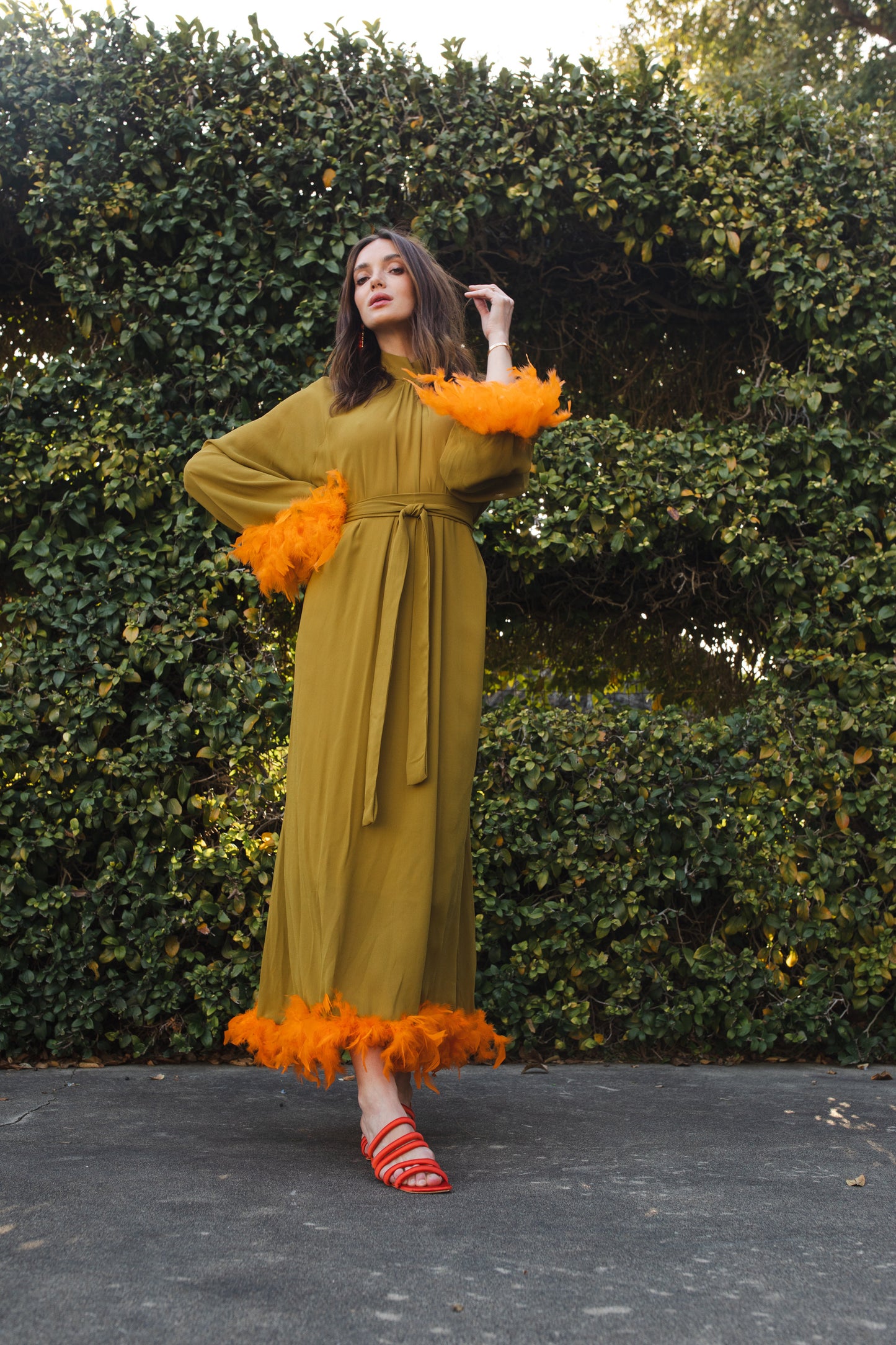 jennafer grace Darlene Roper Maxi Dress chartreuse yellow green mod dress with orange feathers at cuffs and hem high neck cinched waist tie retro 1960s 60s revival midcentury evening dress boho bohemian hippie romantic whimsical handmade in California USA