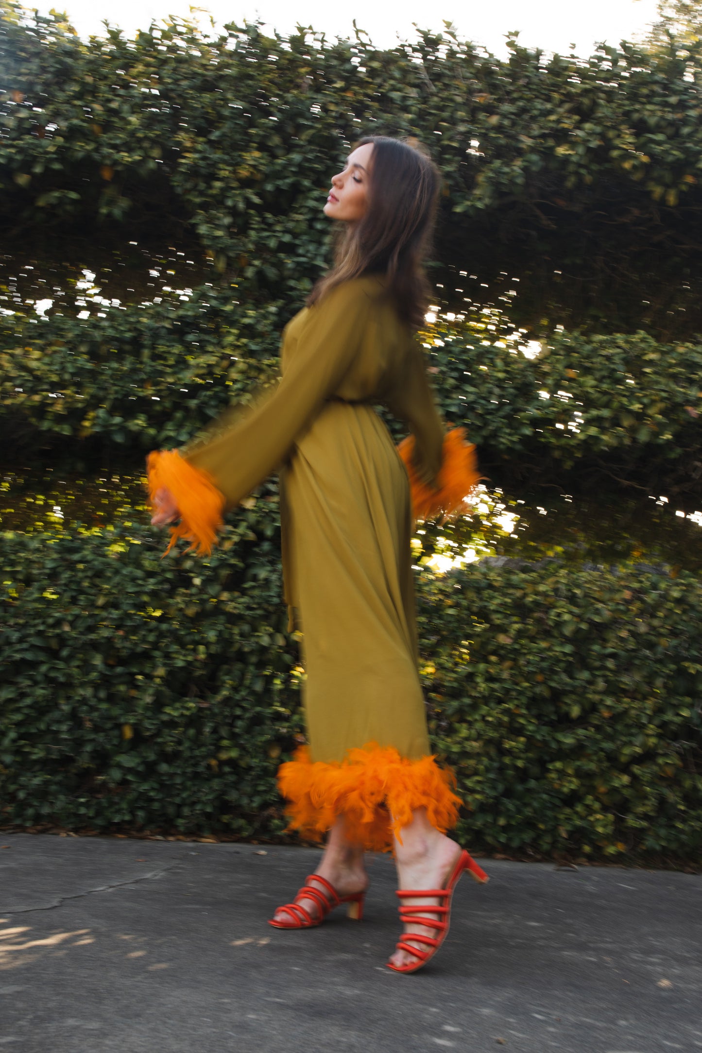 jennafer grace Darlene Roper Maxi Dress chartreuse yellow green mod dress with orange feathers at cuffs and hem high neck cinched waist tie retro 1960s 60s revival midcentury evening dress boho bohemian hippie romantic whimsical handmade in California USA