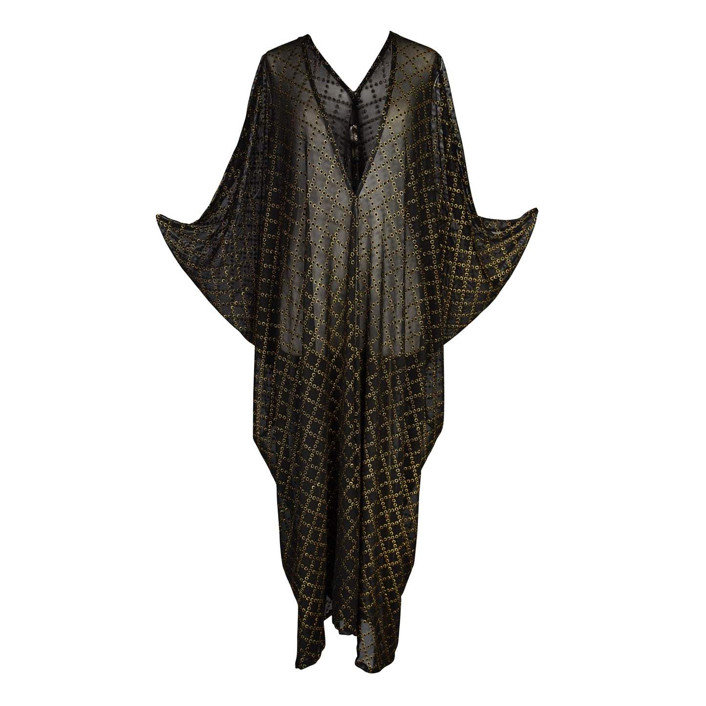 Black, sheer mesh caftan dress embellished with shimmering metallic gold circles in a geometric pattern that creates a sort of chain-link effect. Featuring a deep v-neckline, short batwing sleeves, and an ankle-length hem. This caftan is a voluminous garment that gives a flowy silhouette that drapes beautifully on all shapes.