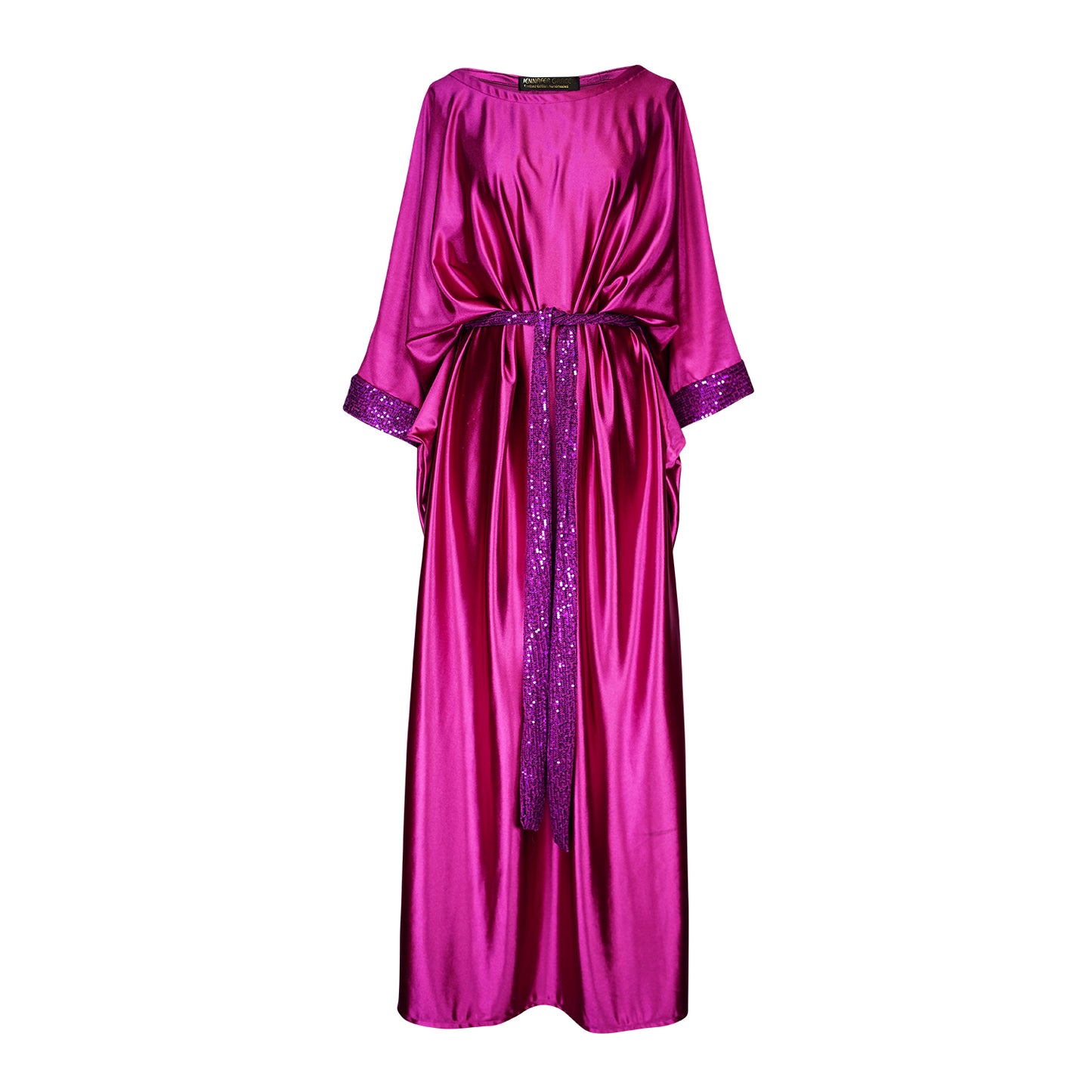 jennafer grace Electric Fuchsia Disco caftan hot fuchsia raspberry pink silky satiny kaftan with magenta sequin mesh sash and sleeve detail bold evening gown mumu shift dress elegant boho bohemian hippie romantic whimsical statement piece unisex handmade in California USA