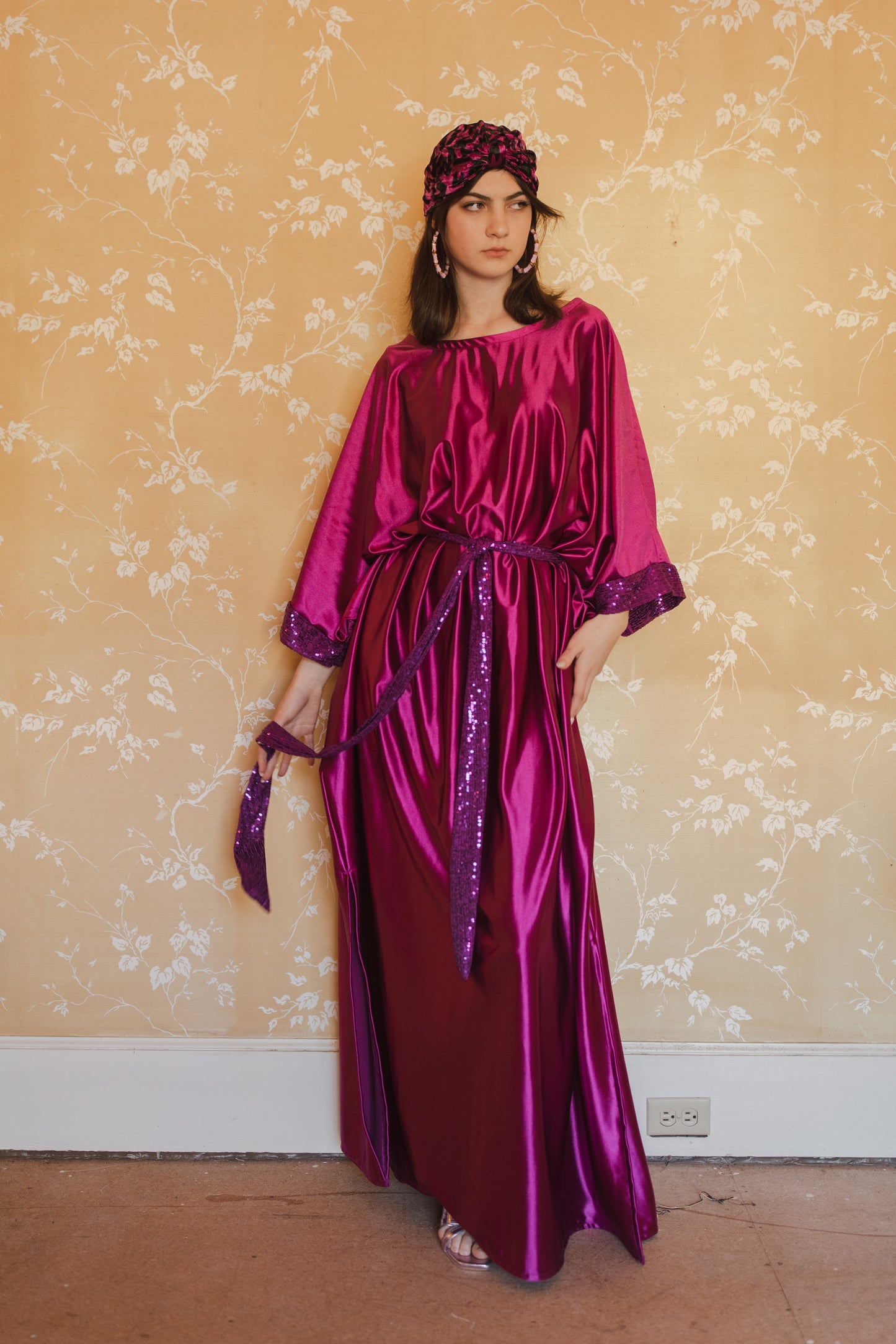 jennafer grace Electric Fuchsia Disco caftan hot fuchsia raspberry pink silky satiny kaftan with magenta sequin mesh sash and sleeve detail bold evening gown mumu shift dress elegant boho bohemian hippie romantic whimsical statement piece unisex handmade in California USA