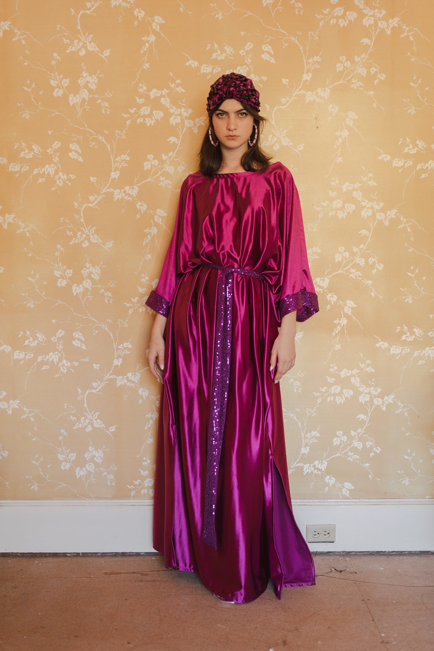 jennafer grace Electric Fuchsia Disco caftan hot fuchsia raspberry pink silky satiny kaftan with magenta sequin mesh sash and sleeve detail bold evening gown mumu shift dress elegant boho bohemian hippie romantic whimsical statement piece unisex handmade in California USA