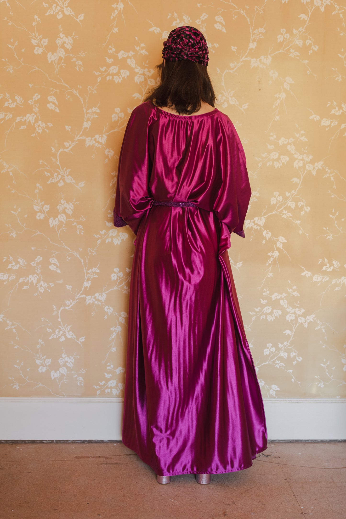 jennafer grace Electric Fuchsia Disco caftan hot fuchsia raspberry pink silky satiny kaftan with magenta sequin mesh sash and sleeve detail bold evening gown mumu shift dress elegant boho bohemian hippie romantic whimsical statement piece unisex handmade in California USA