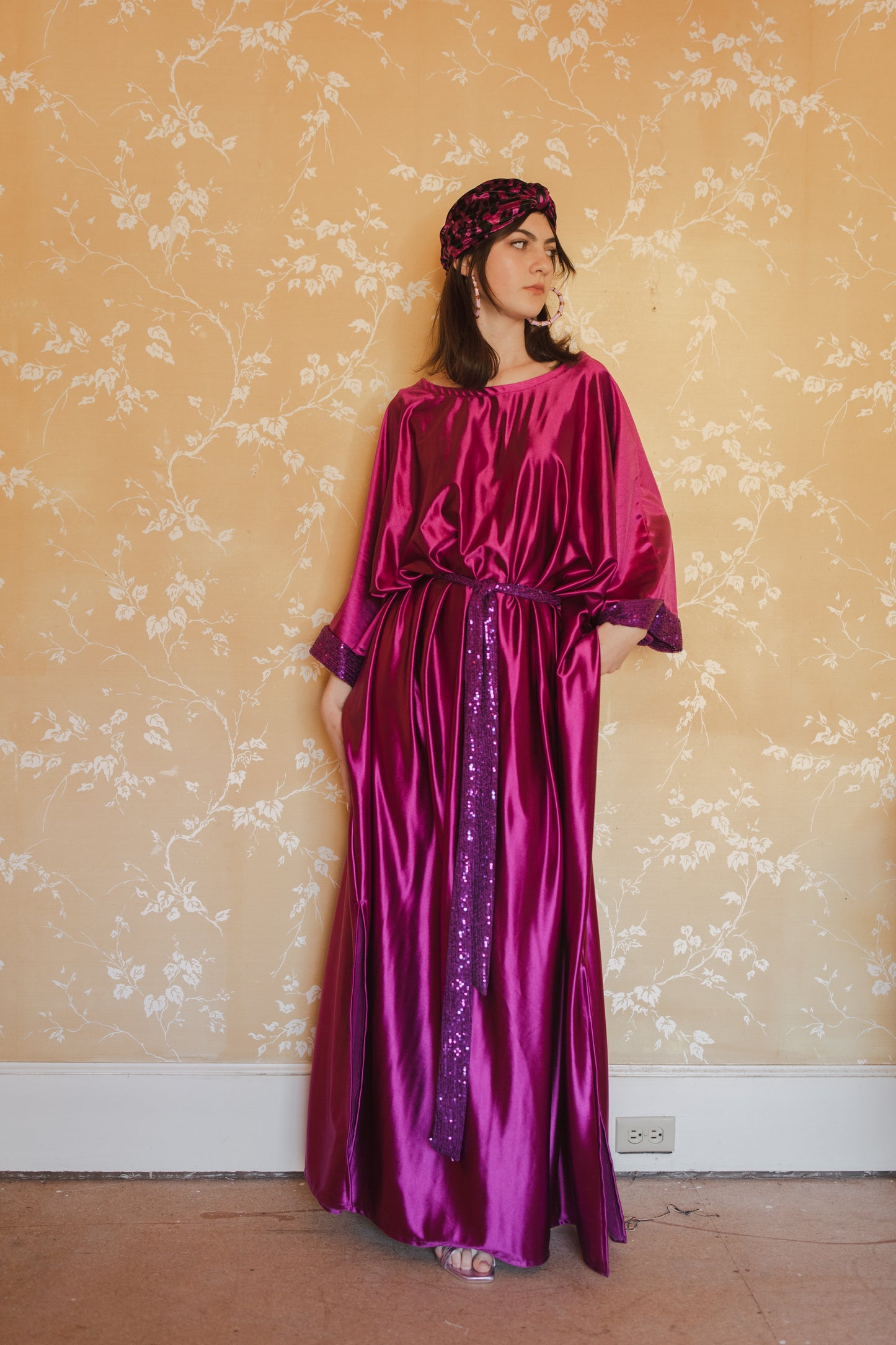 jennafer grace Electric Fuchsia Disco caftan hot fuchsia raspberry pink silky satiny kaftan with magenta sequin mesh sash and sleeve detail bold evening gown mumu shift dress elegant boho bohemian hippie romantic whimsical statement piece unisex handmade in California USA