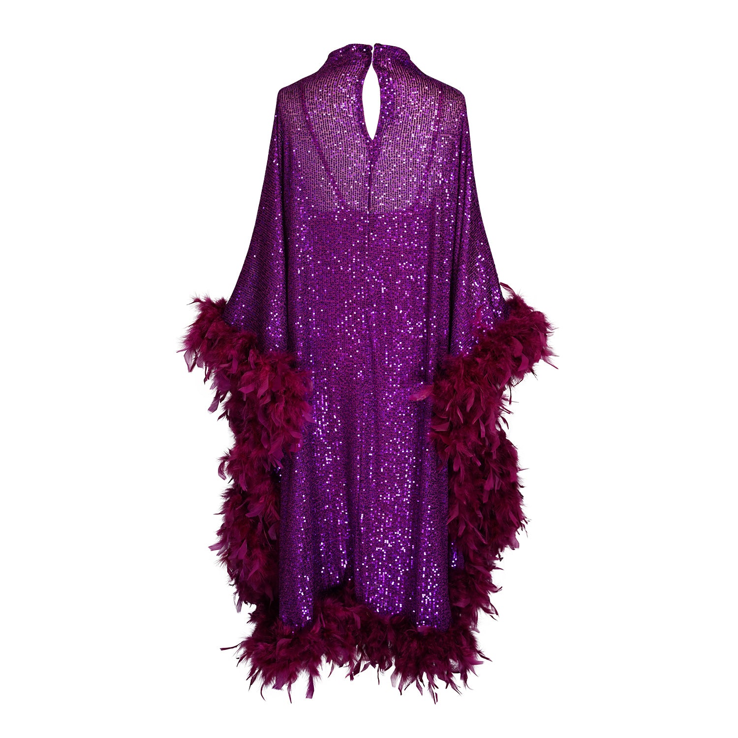 Fuchsia sequin mockneck caftan with soft plum feather border along sleeves and hem. Comes with a slip. A glamorous and sparkling, semi-sheer, stretch fabric with soft small sequins. A bohemian dress inspired by Old Hollywood glam.