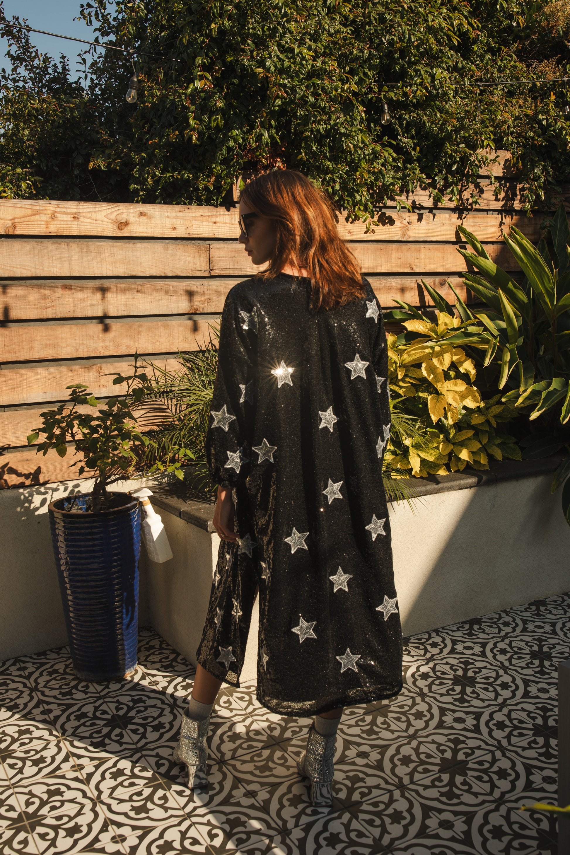 jennafer grace Elton Stars Noir Sequin Cocoon Jacket black sequins with silver sequined stars opera coat duster cardigan overcoat boho bohemian hippie romantic whimsical Studio 54 disco cocktail party festival unisex handmade in California USA