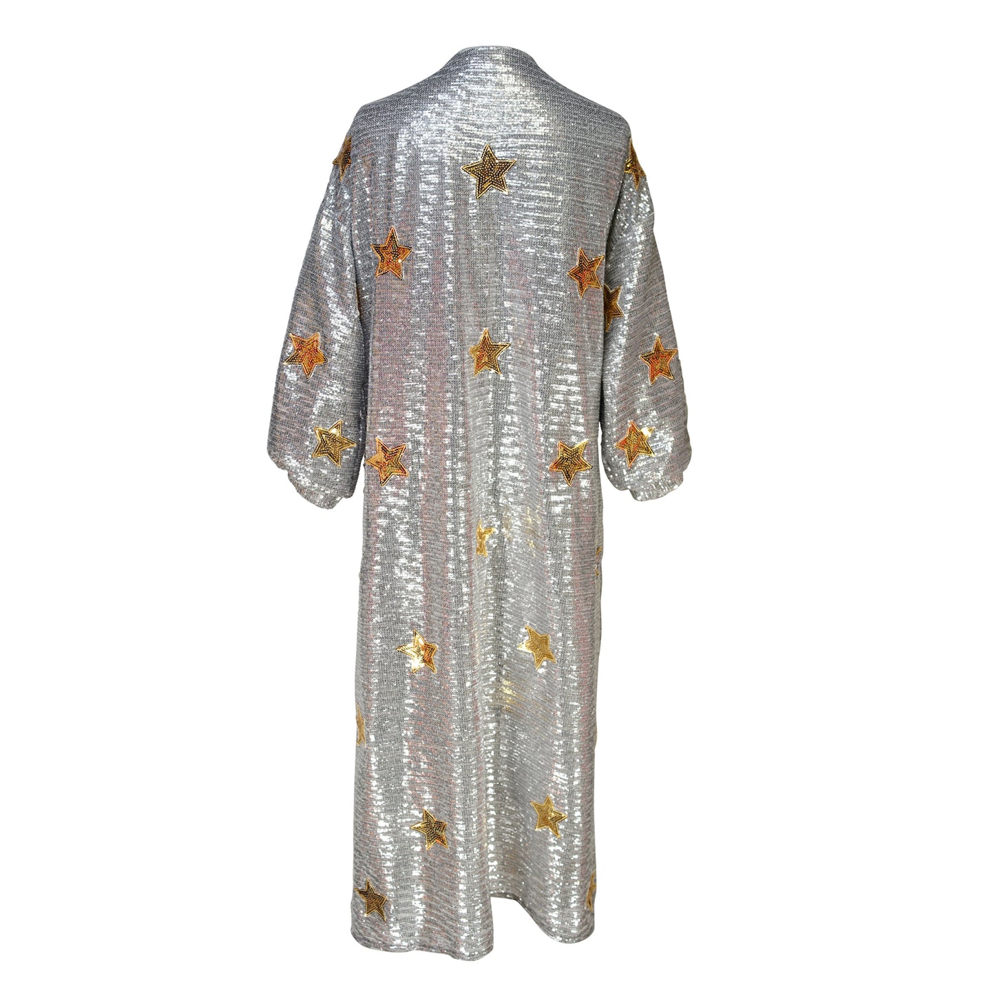 jennafer grace Elton Stars Sequin Cocoon Jacket silver sequins with gold sequinned stars opera coat duster cardigan overcoat boho bohemian hippie romantic whimsical Studio 54 disco cocktail party festival unisex handmade in California USA