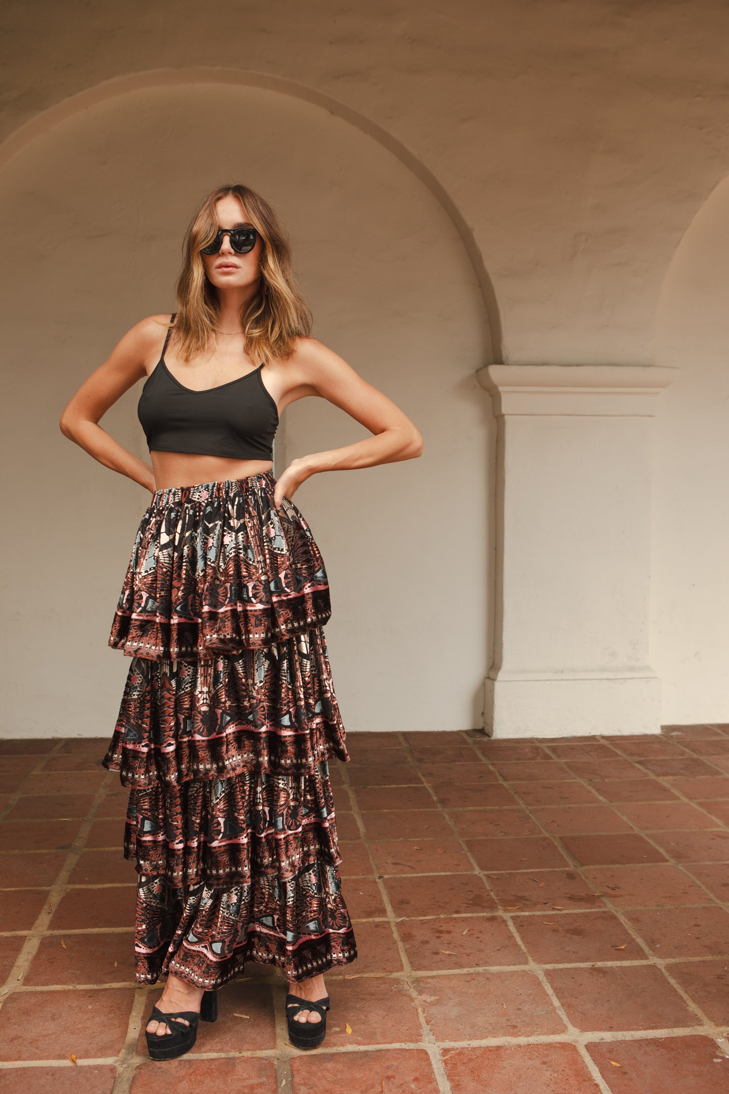 Empire Silk Velvet Tiered Maxi Skirt