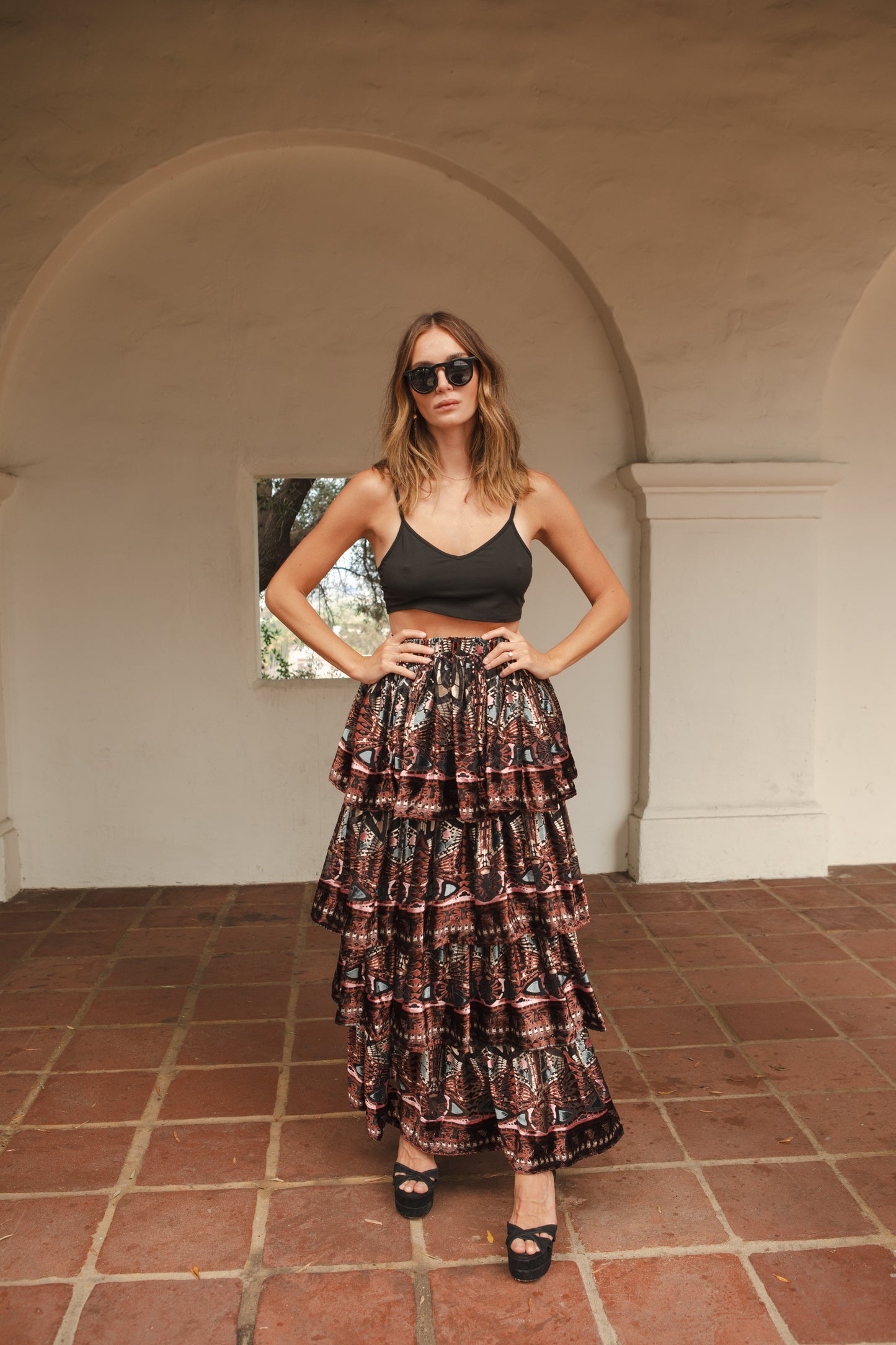 Empire Silk Velvet Tiered Maxi Skirt