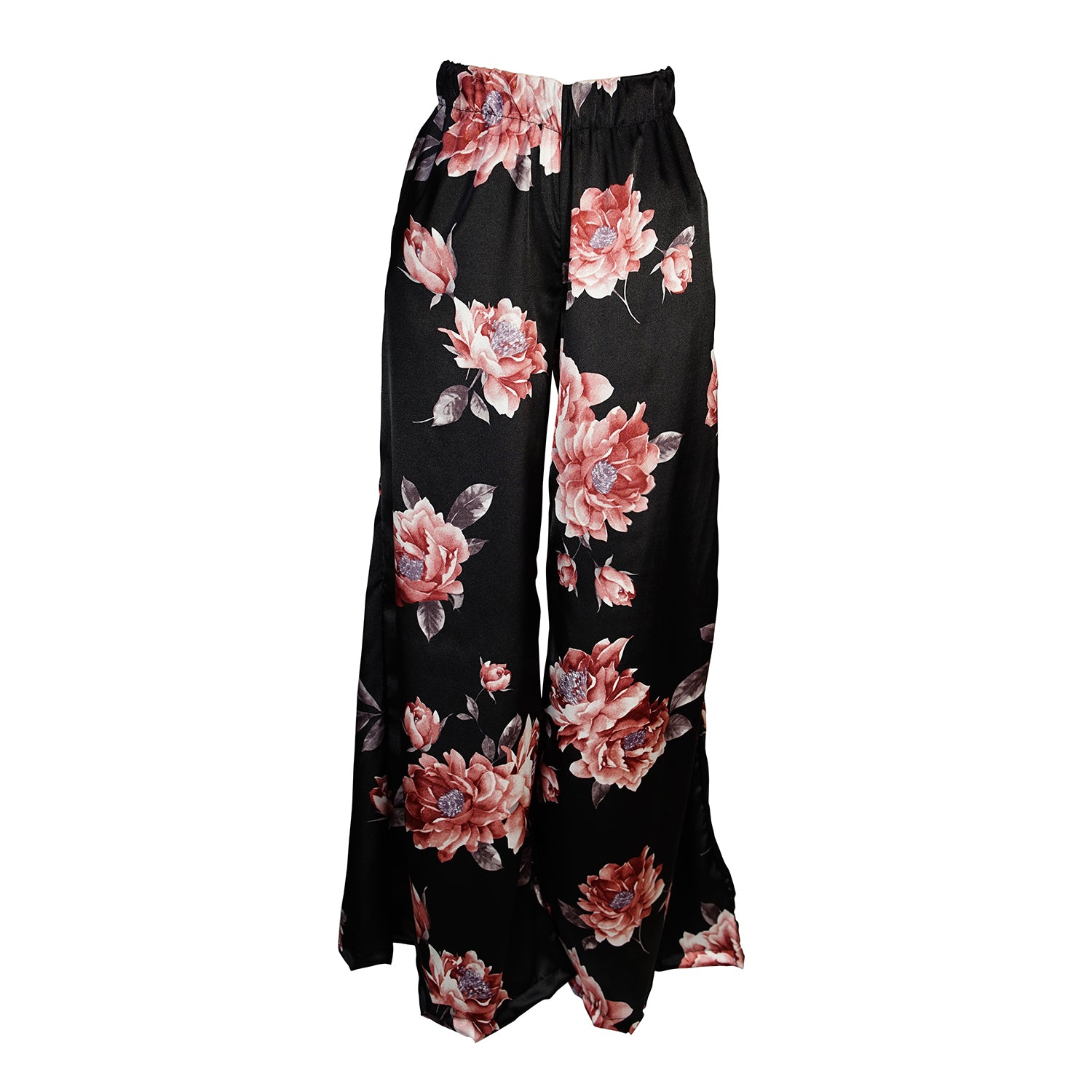 Loungewear set in dark floral pattern. A black background with light pink flowers, this set comes with a wrap dolman jacket.  Sleeves have a forearm hem, and it can be worn as an open jacket or wrap with matching tie belt. The belt features fringe tassels. The matching pants have pockets and an ankle length hem. 