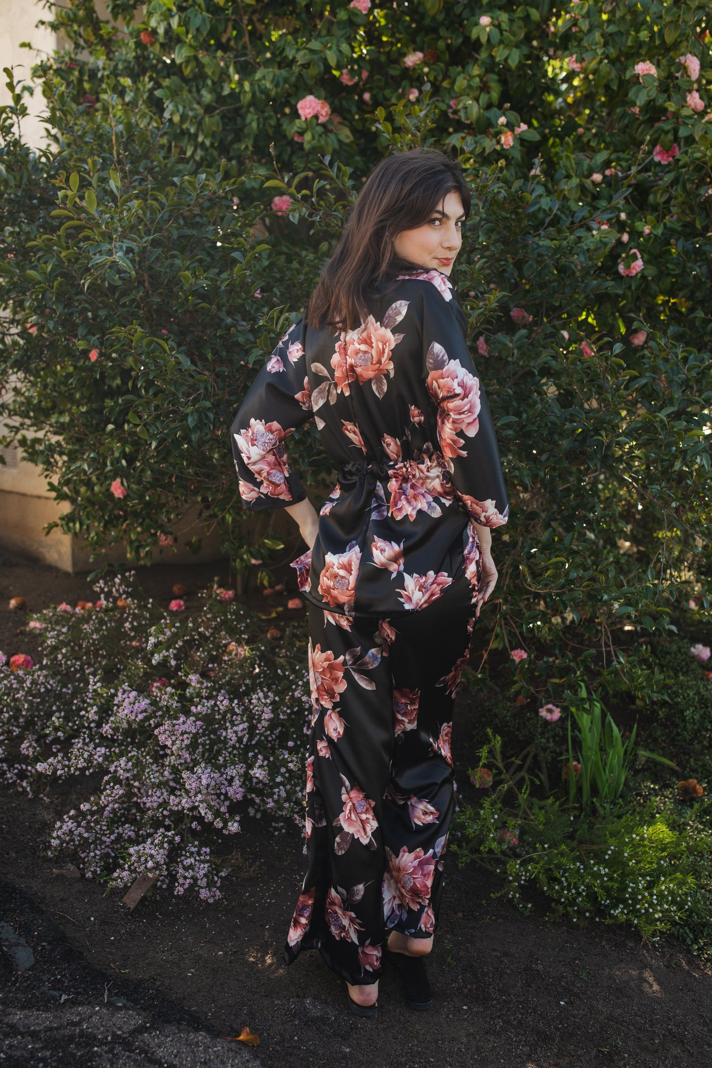 jennafer grace Erebos dolman palazzo set silky black georgette with vibrant pink floral print matching co-ord coord set wrap blouse top with tasseled belt and palazzo pant with pockets and elastic waist boho bohemian hippie romantic whimsical glamorous pajamas pjs glam lounge wear handmade in california usa