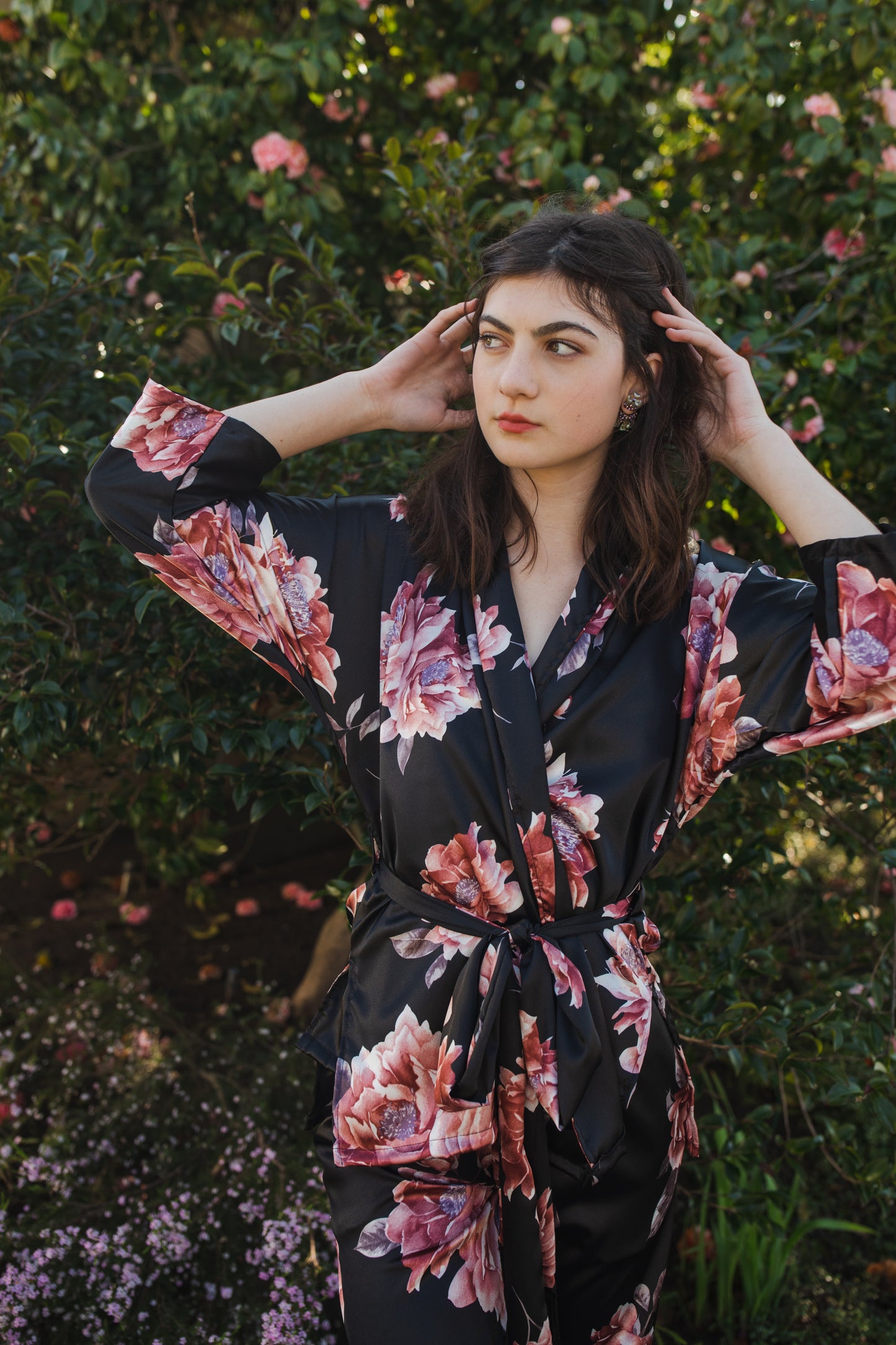 jennafer grace Erebos dolman palazzo set silky black georgette with vibrant pink floral print matching co-ord coord set wrap blouse top with tasseled belt and palazzo pant with pockets and elastic waist boho bohemian hippie romantic whimsical glamorous pajamas pjs glam lounge wear handmade in california usa