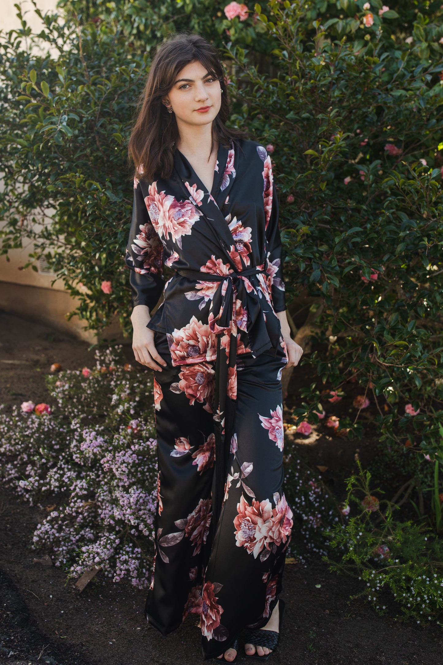 jennafer grace Erebos dolman palazzo set silky black georgette with vibrant pink floral print matching co-ord coord set wrap blouse top with tasseled belt and palazzo pant with pockets and elastic waist boho bohemian hippie romantic whimsical glamorous pajamas pjs glam lounge wear handmade in california usa
