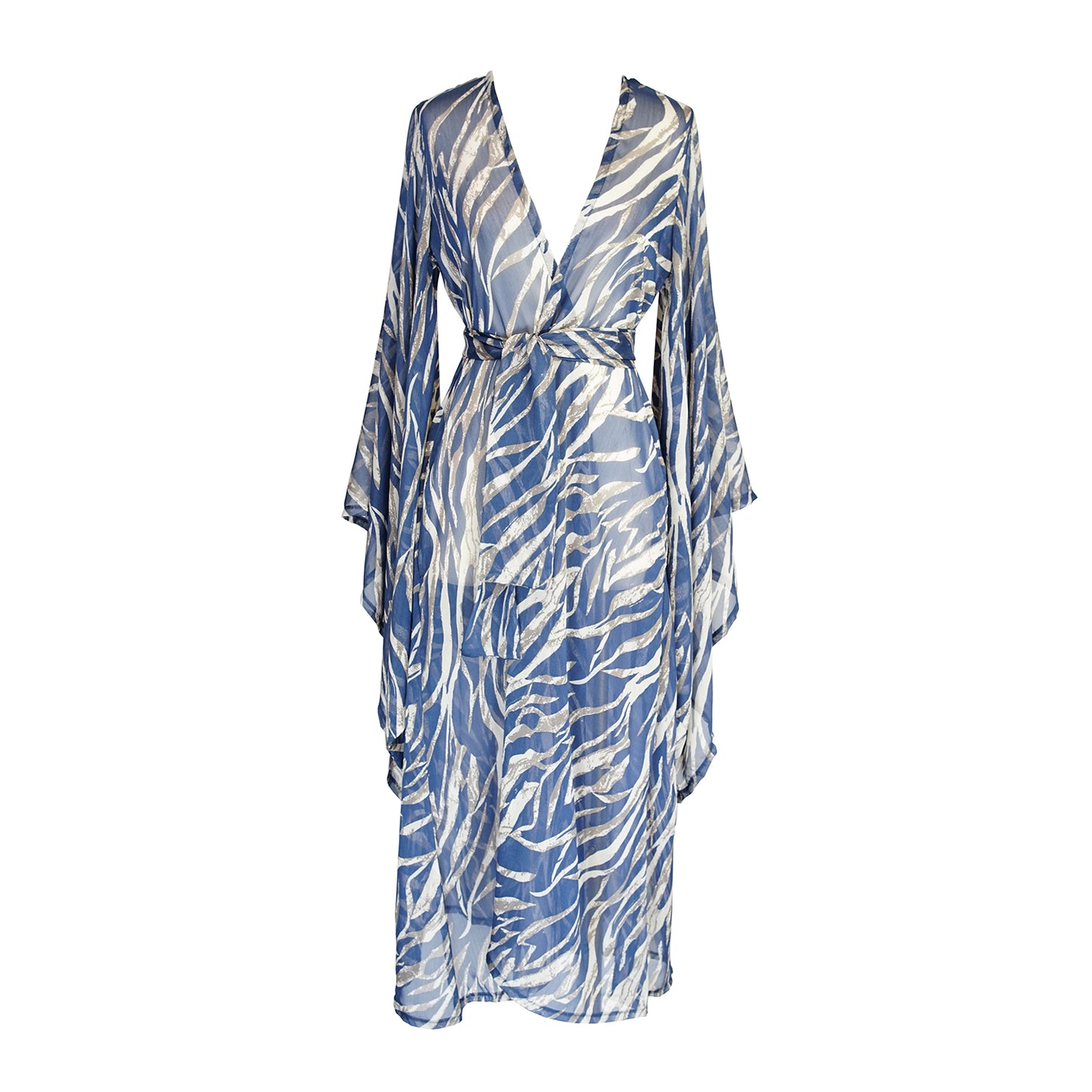 Blue zebra print kimono with belt. Can be worn open as a robe or wrap dress. Long flowy sleeves with ankle hem. Made from semi sheer rayon chiffon fabric.