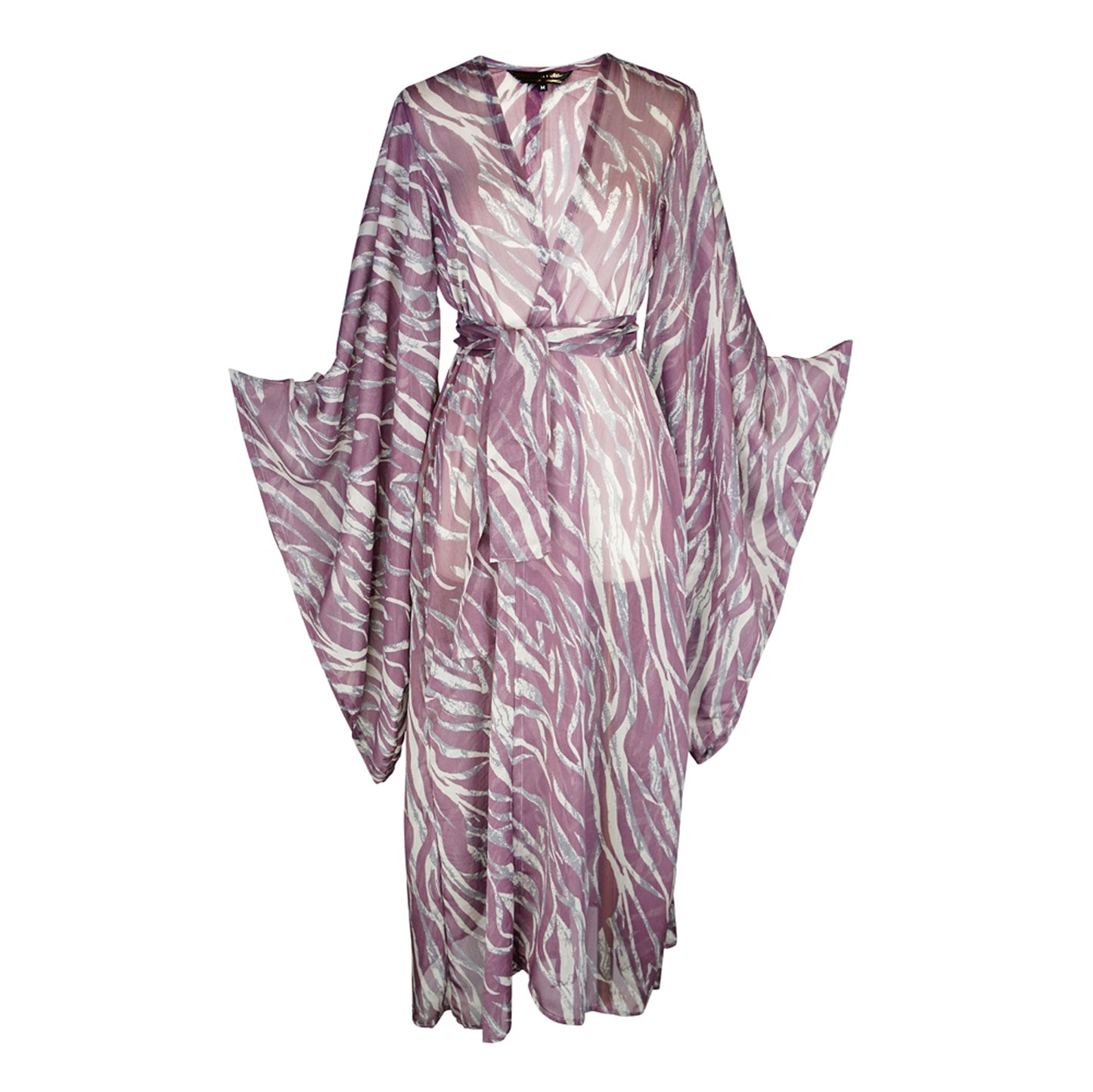 Mauve purple zebra print kimono with belt. Can be worn open as a robe or wrap dress. Long flowy sleeves with ankle hem. Made from semi sheer rayon chiffon fabric.