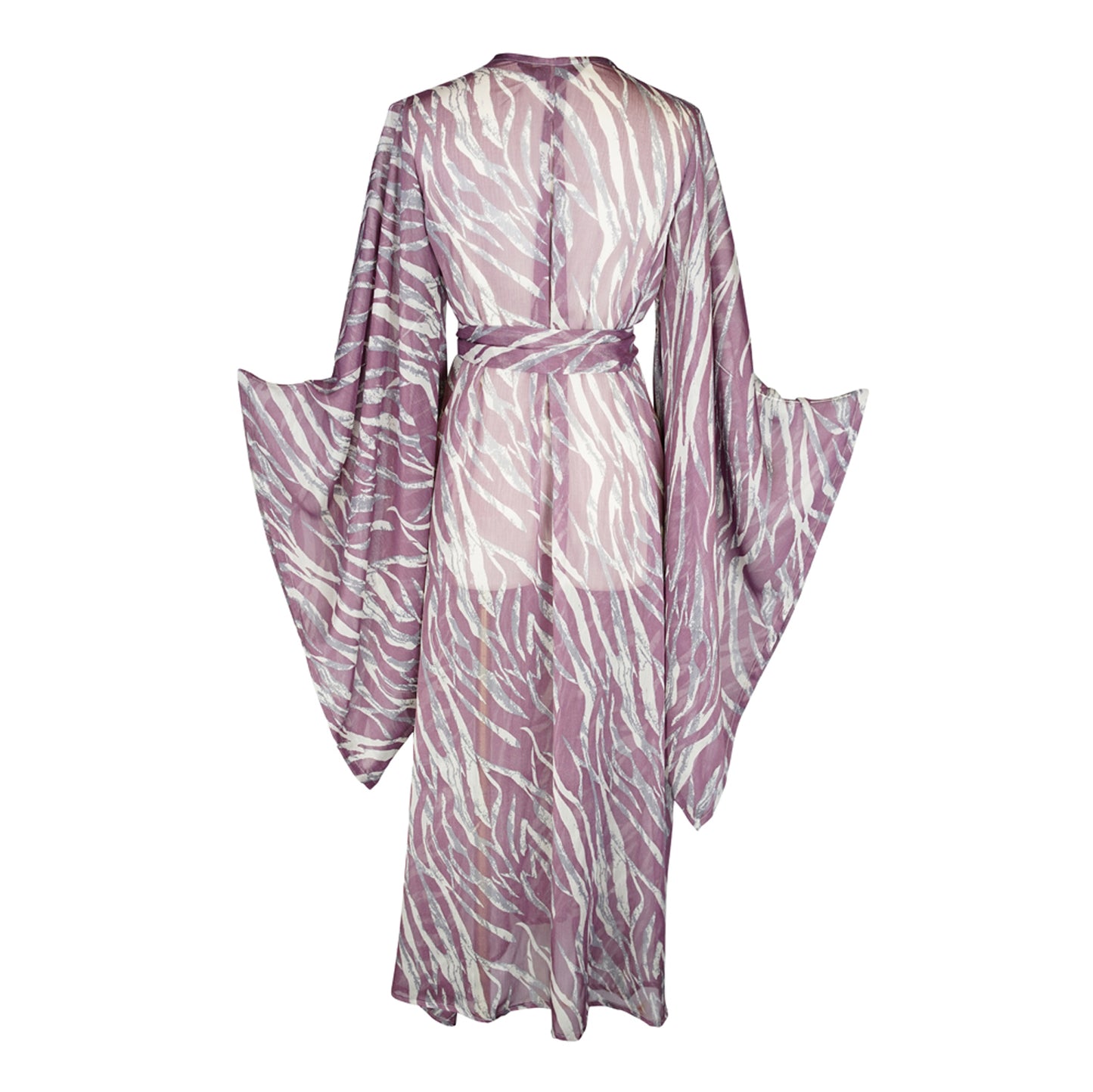 Mauve purple zebra print kimono with belt. Can be worn open as a robe or wrap dress. Long flowy sleeves with ankle hem. Made from semi sheer rayon chiffon fabric.