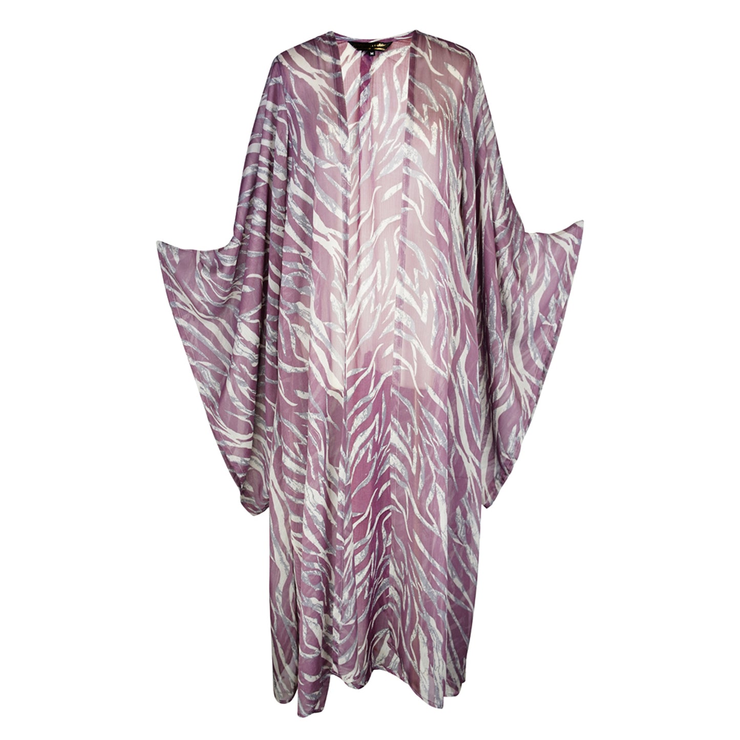 Mauve purple zebra print kimono with belt. Can be worn open as a robe or wrap dress. Long flowy sleeves with ankle hem. Made from semi sheer rayon chiffon fabric.