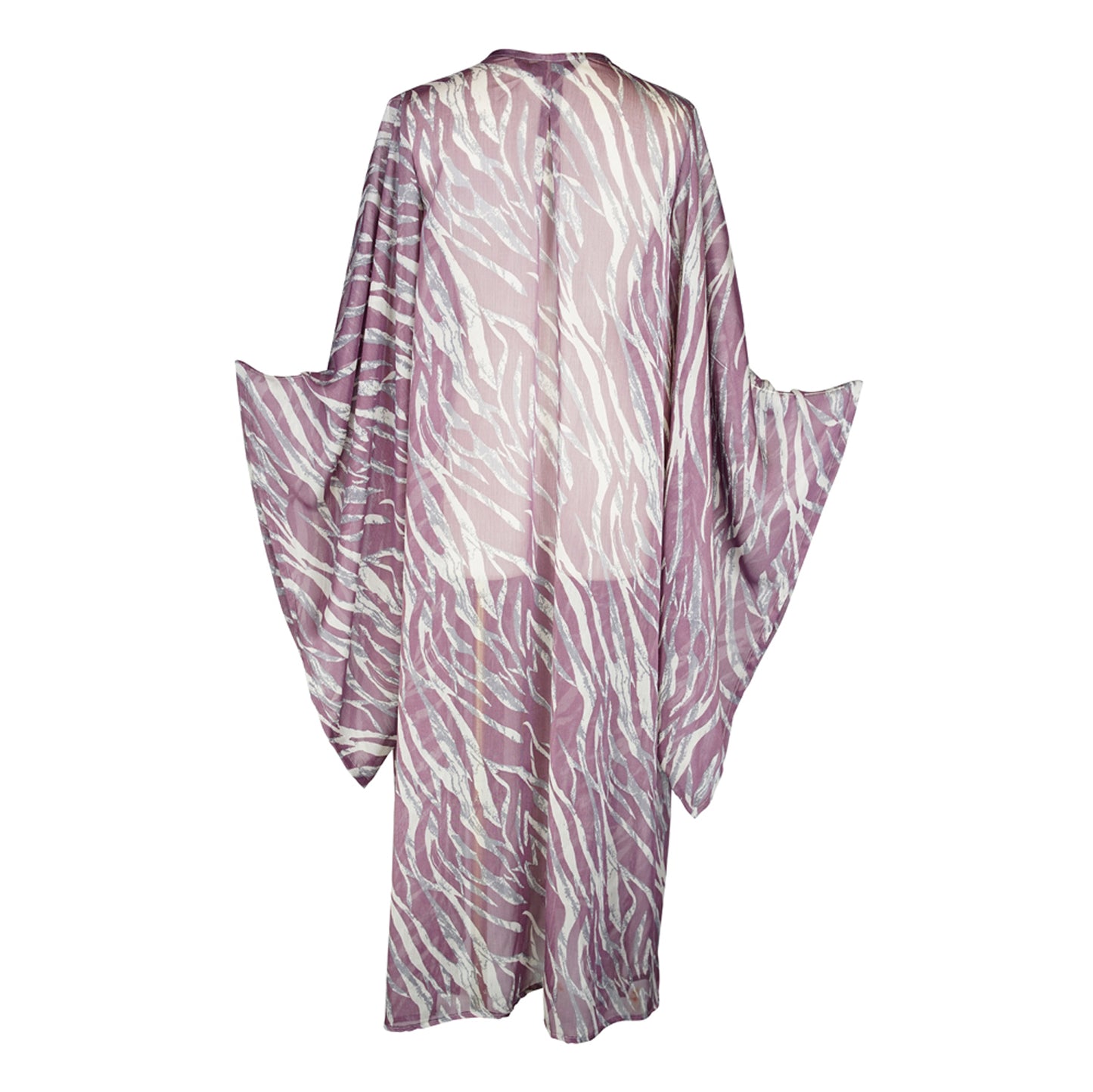 Mauve purple zebra print kimono with belt. Can be worn open as a robe or wrap dress. Long flowy sleeves with ankle hem. Made from semi sheer rayon chiffon fabric.