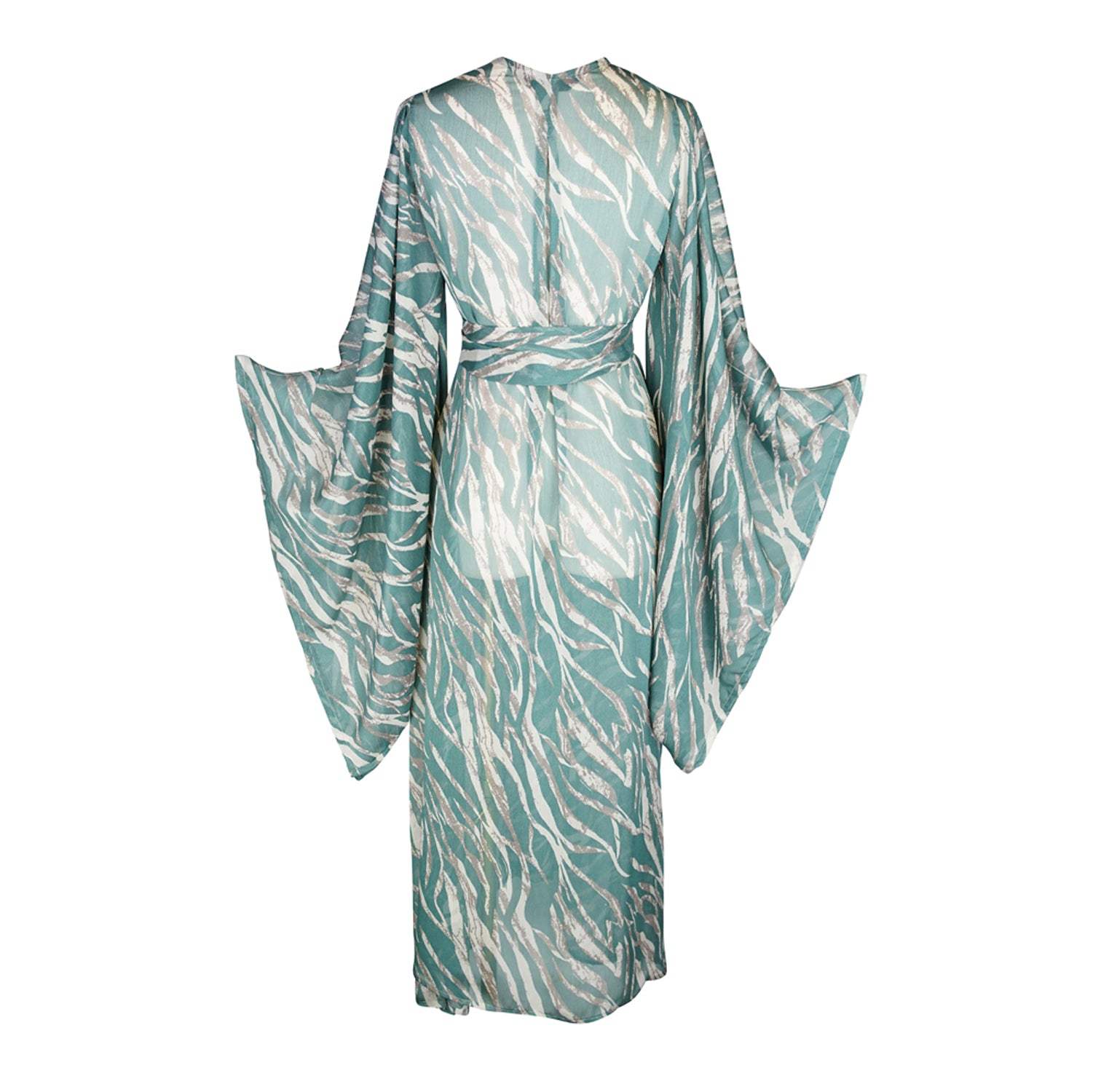 Seafoam zebra print kimono with belt. Can be worn open as a robe or wrap dress. Long flowy sleeves with ankle hem. Made from rayon fabric.