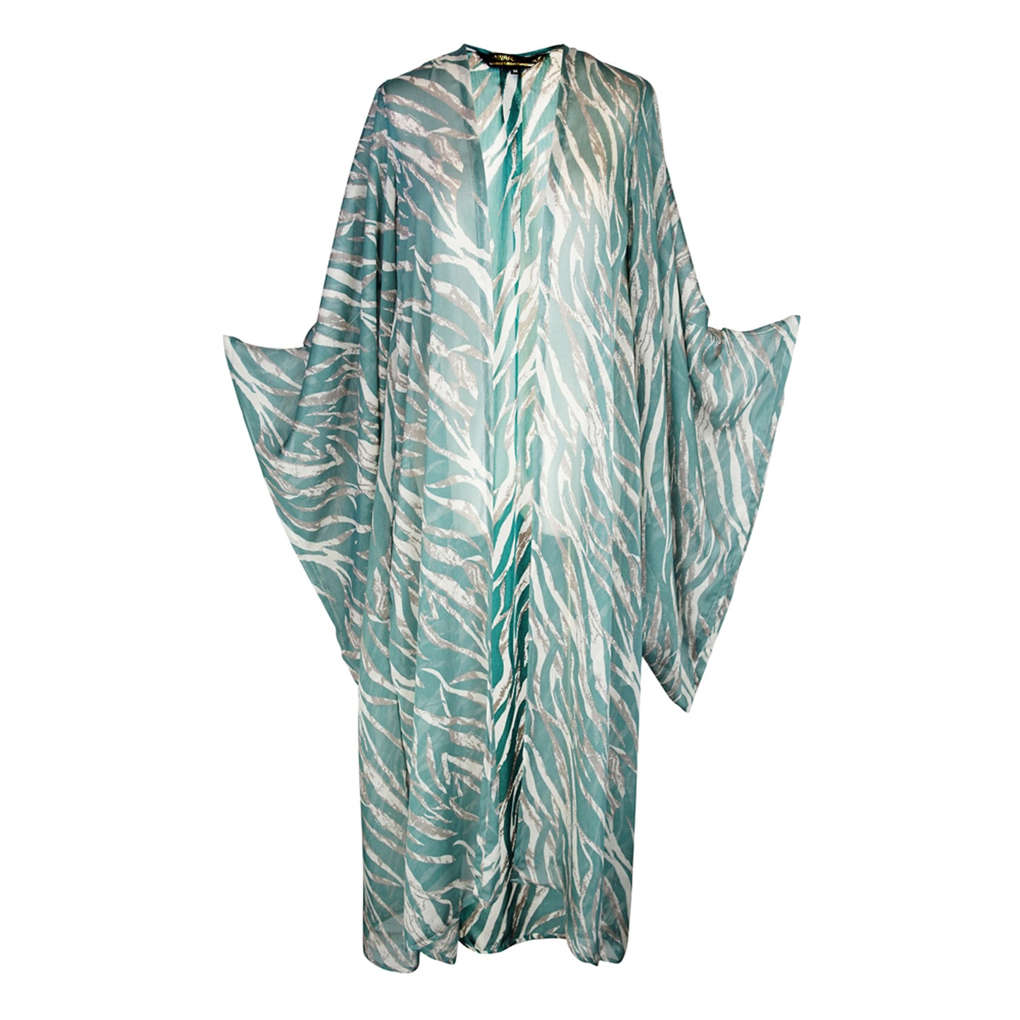 Seafoam zebra print kimono with belt. Can be worn open as a robe or wrap dress. Long flowy sleeves with ankle hem. Made from rayon fabric.