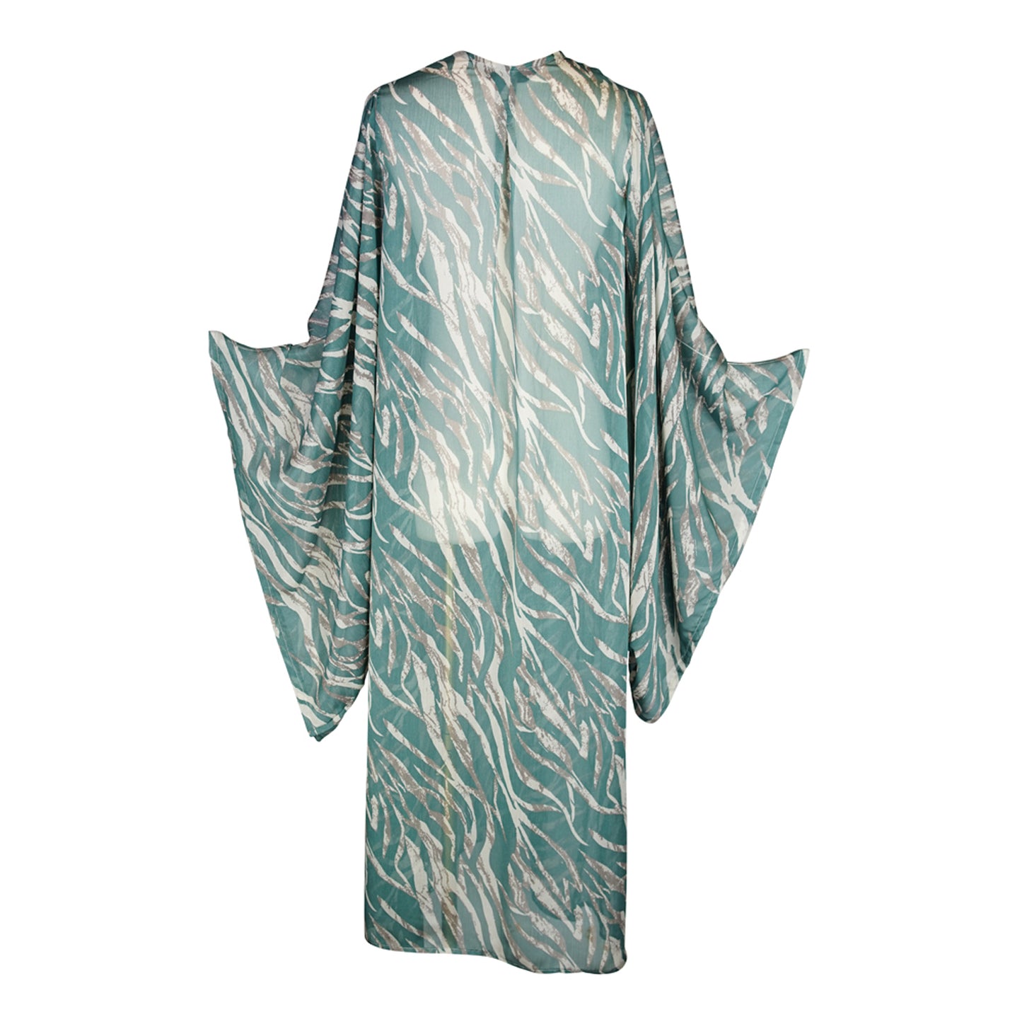 Seafoam zebra print kimono with belt. Can be worn open as a robe or wrap dress. Long flowy sleeves with ankle hem. Made from rayon fabric.