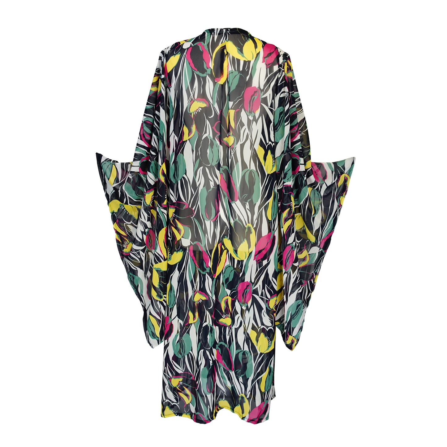 jennafer grace Exotica Cruise kimono semi-sheer chiffon with yellow green pink tulip floral flower print on abstract black and white cover-up wrap dress with pockets duster jacket robe boho boho bohemian hippie whimsical romantic beach poolside resort cabana lounge wear unisex handmade in California USA