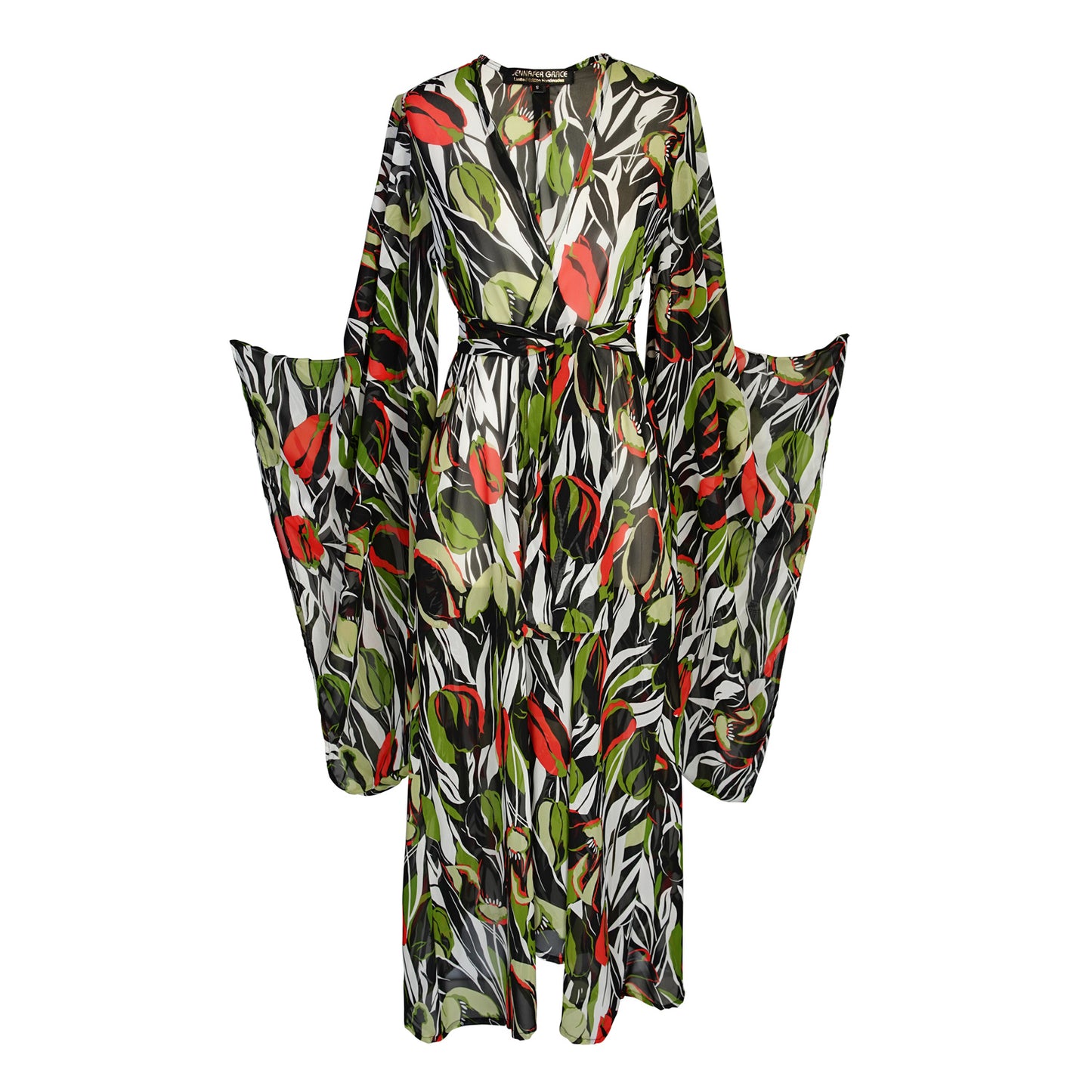 jennafer grace Exotica Safari kimono semi-sheer chiffon with red green tulip floral flower print on abstract black and white cover-up wrap dress with pockets duster jacket robe boho boho bohemian hippie whimsical romantic beach poolside resort cabana lounge wear unisex handmade in California USA