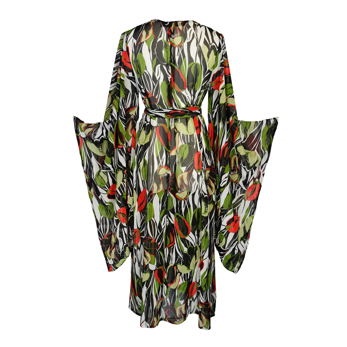 jennafer grace Exotica Safari kimono semi-sheer chiffon with red green tulip floral flower print on abstract black and white cover-up wrap dress with pockets duster jacket robe boho boho bohemian hippie whimsical romantic beach poolside resort cabana lounge wear unisex handmade in California USA