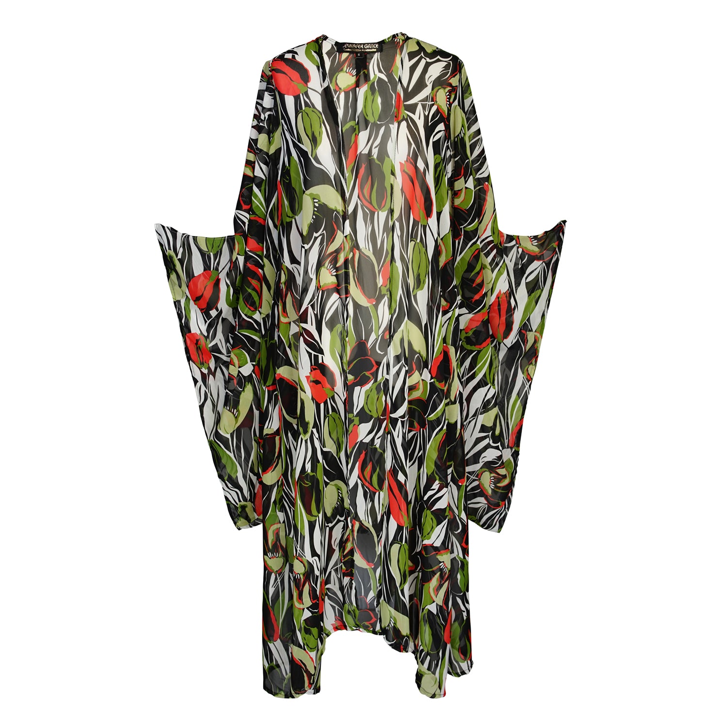 jennafer grace Exotica Safari kimono semi-sheer chiffon with red green tulip floral flower print on abstract black and white cover-up wrap dress with pockets duster jacket robe boho boho bohemian hippie whimsical romantic beach poolside resort cabana lounge wear unisex handmade in California USA