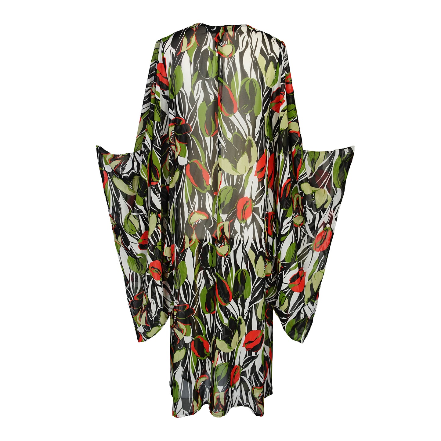 jennafer grace Exotica Safari kimono semi-sheer chiffon with red green tulip floral flower print on abstract black and white cover-up wrap dress with pockets duster jacket robe boho boho bohemian hippie whimsical romantic beach poolside resort cabana lounge wear unisex handmade in California USA