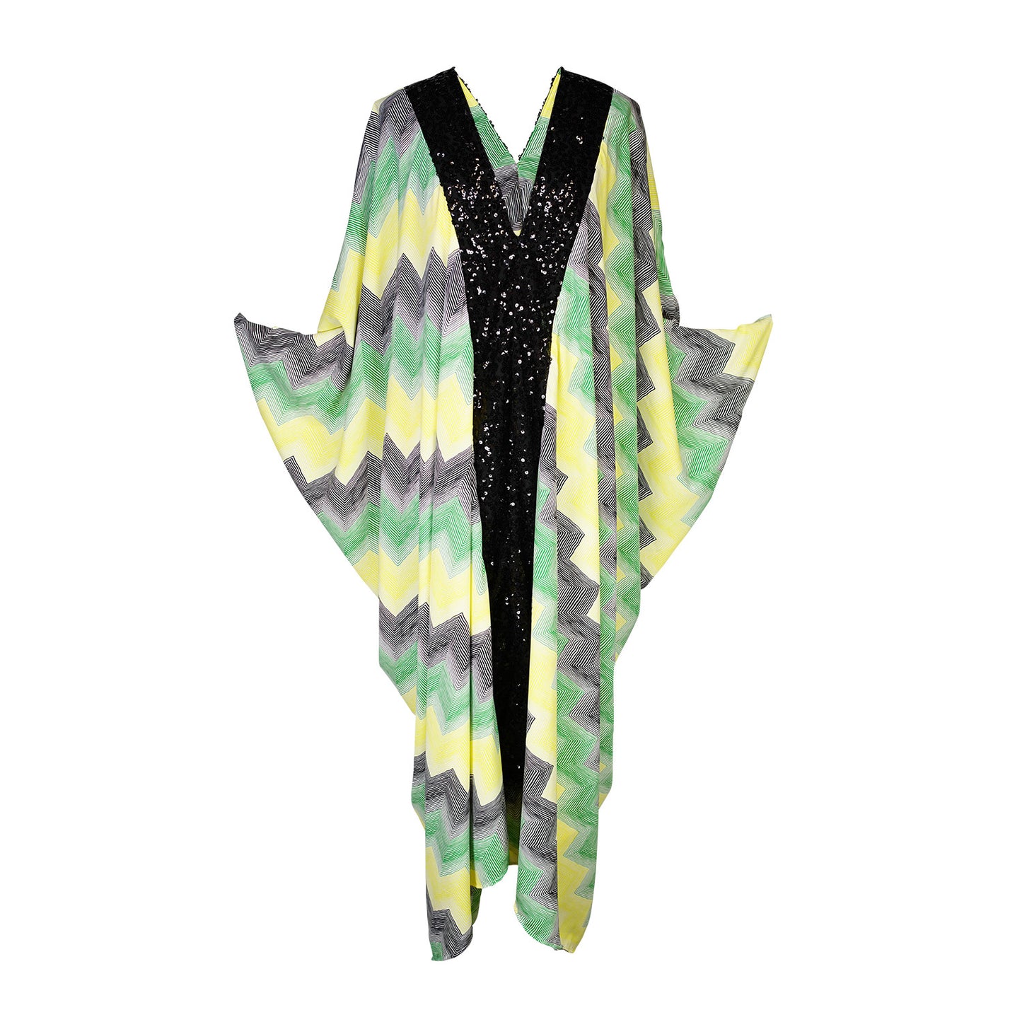 Jennafer Grace Fortuna Deluxe caftan black green yellow white striped chevron print with black sequin lapel kaftan mumu shift dress coverup boho bohemian hippie romantic whimsical beach resort spa cabana lounge loungewear layering unisex handmade in California USA