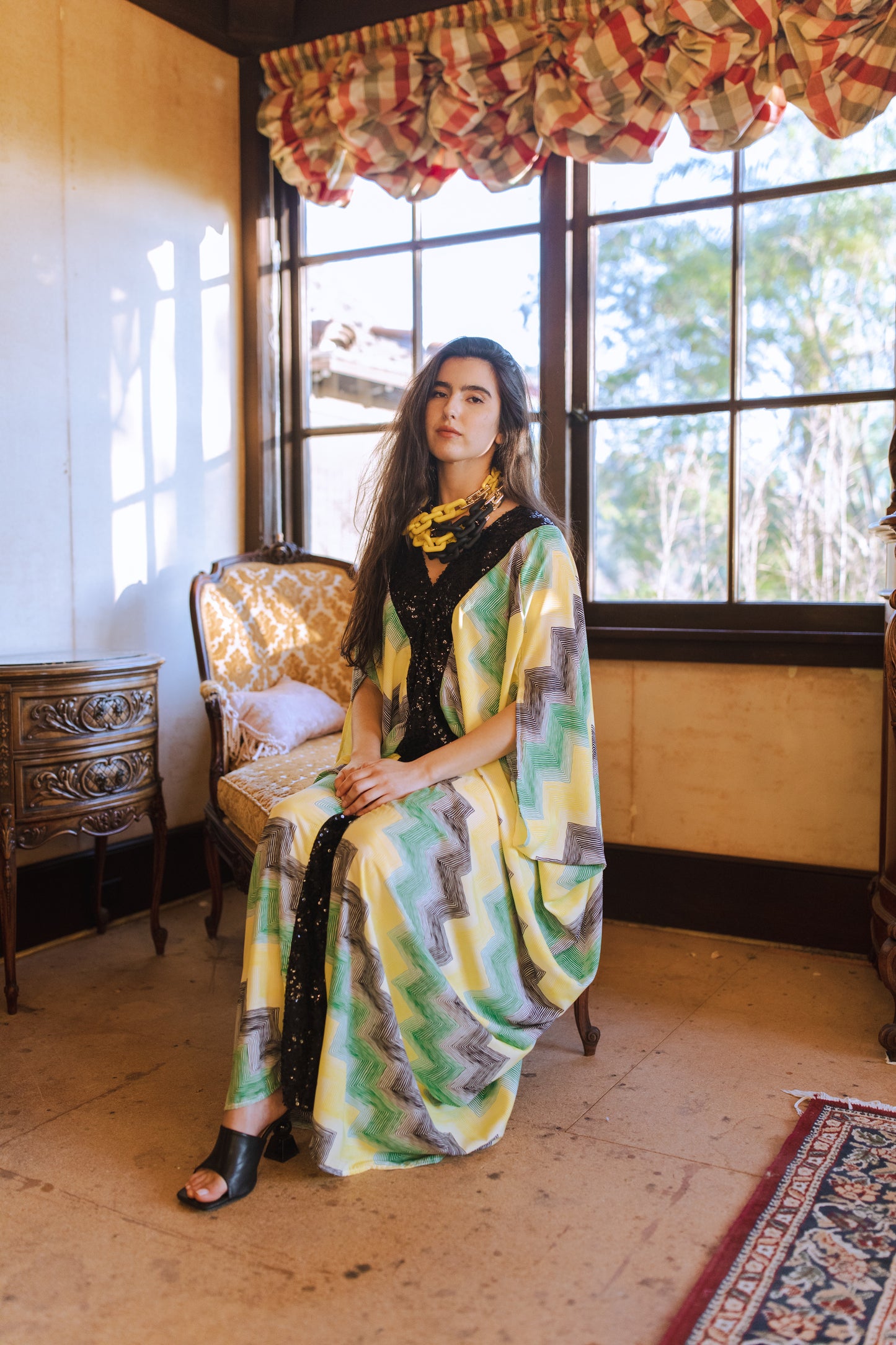 Jennafer Grace Fortuna Deluxe caftan black green yellow white striped chevron print with black sequin lapel kaftan mumu shift dress coverup boho bohemian hippie romantic whimsical beach resort spa cabana lounge loungewear layering unisex handmade in California USA