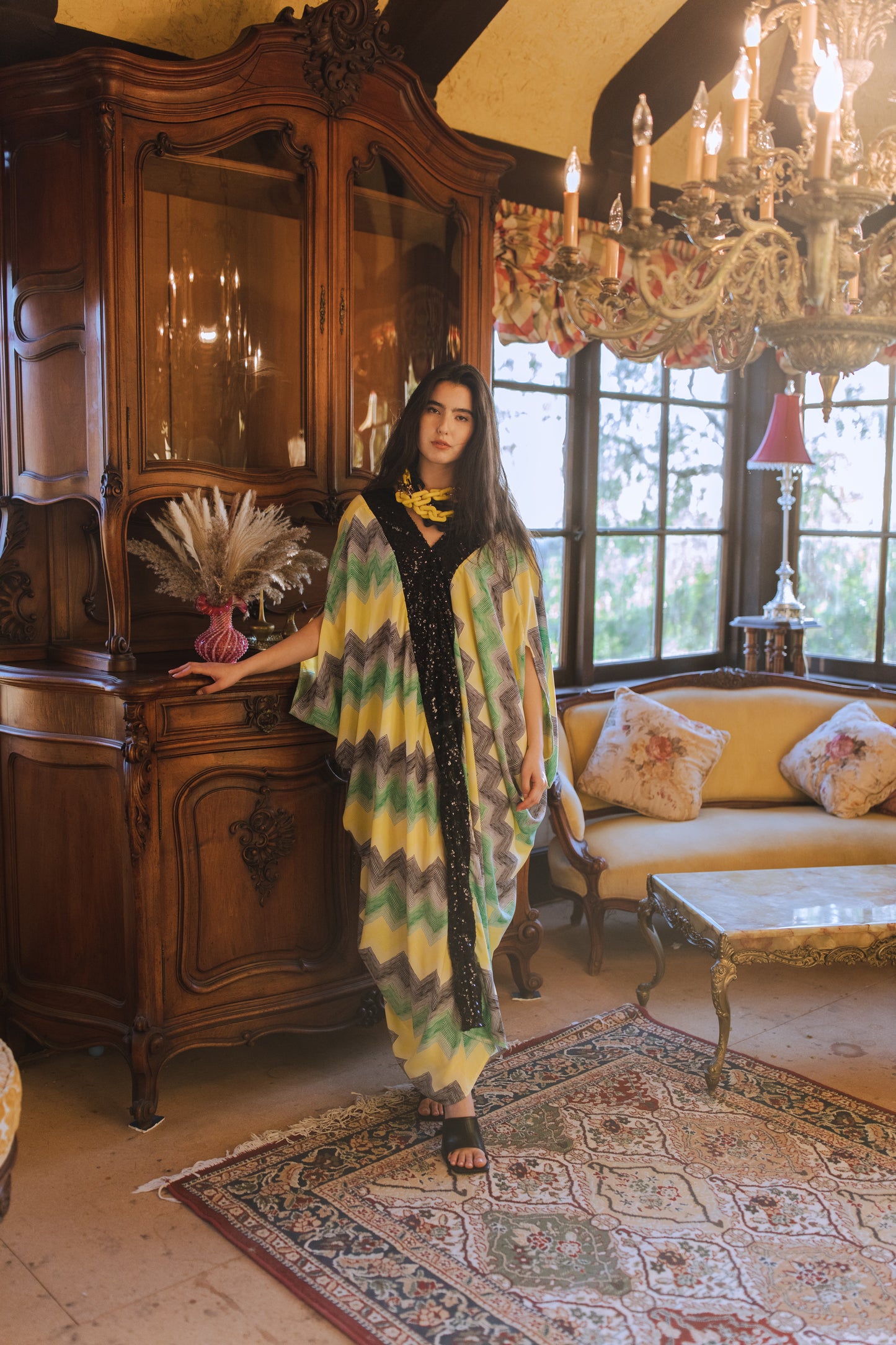 Jennafer Grace Fortuna Deluxe caftan black green yellow white striped chevron print with black sequin lapel kaftan mumu shift dress coverup boho bohemian hippie romantic whimsical beach resort spa cabana lounge loungewear layering unisex handmade in California USA