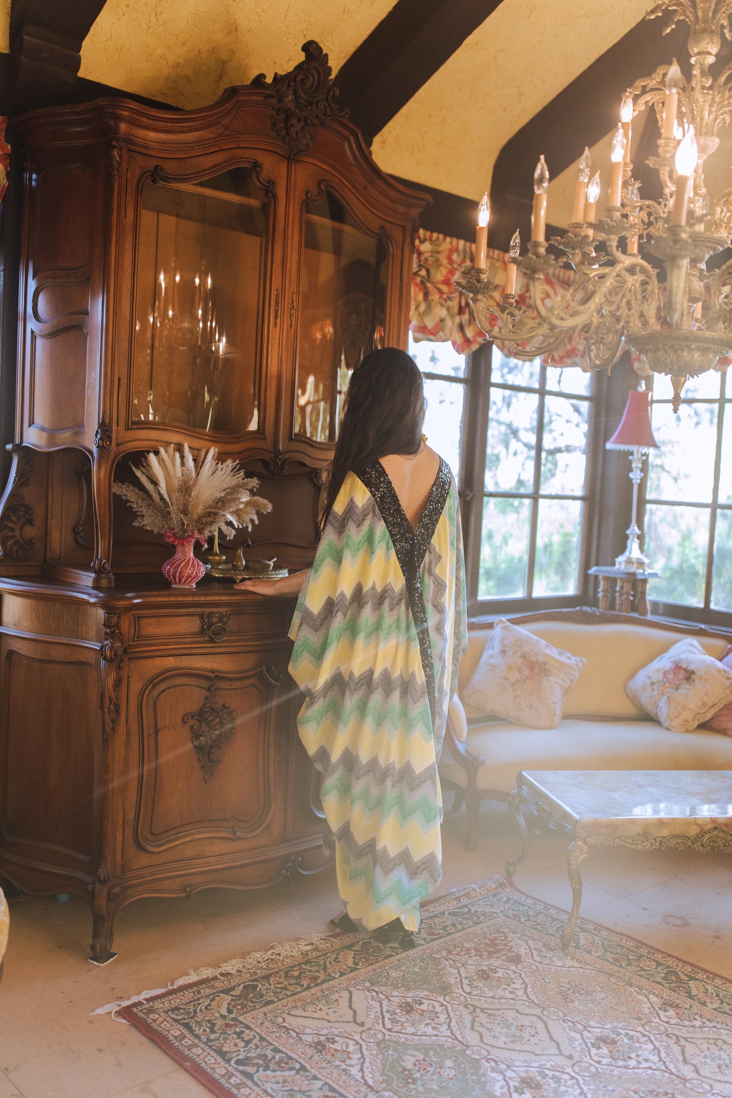 Jennafer Grace Fortuna Deluxe caftan black green yellow white striped chevron print with black sequin lapel kaftan mumu shift dress coverup boho bohemian hippie romantic whimsical beach resort spa cabana lounge loungewear layering unisex handmade in California USA