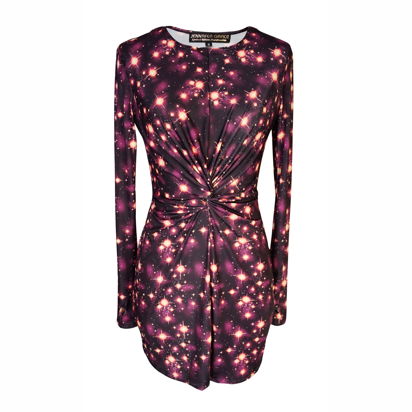 jennafer grace Galactic Mini Twist Dress dark plum purple with hot pink and pale pink starry galaxy print long sleeve bodycon mini dress with twist front and thumbholes at cuff boho bohemian hippie romantic whimsical handmade in California USA